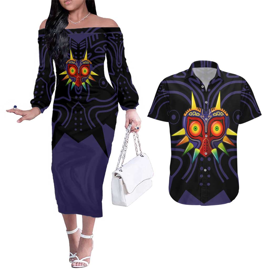 Majora’s Mask Zelda Couples Matching Off The Shoulder Long Sleeve Dress and Hawaiian Shirt Abtract Style