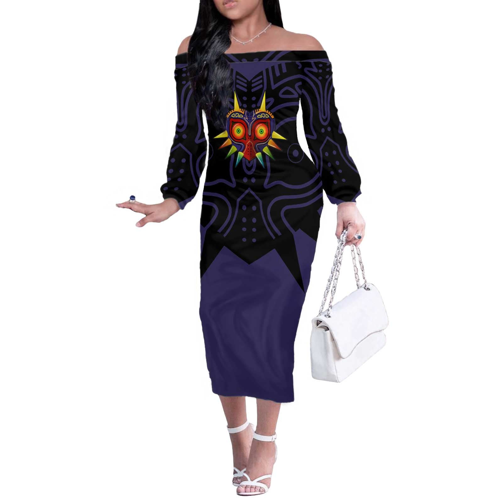 Majora’s Mask Zelda Off The Shoulder Long Sleeve Dress Abtract Style