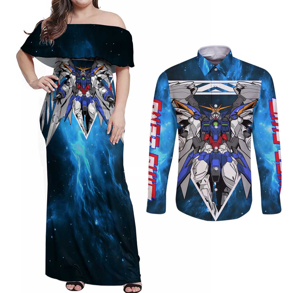 Wing Zero Gundam Couples Matching Off Shoulder Maxi Dress and Long Sleeve Button Shirt Anime Style