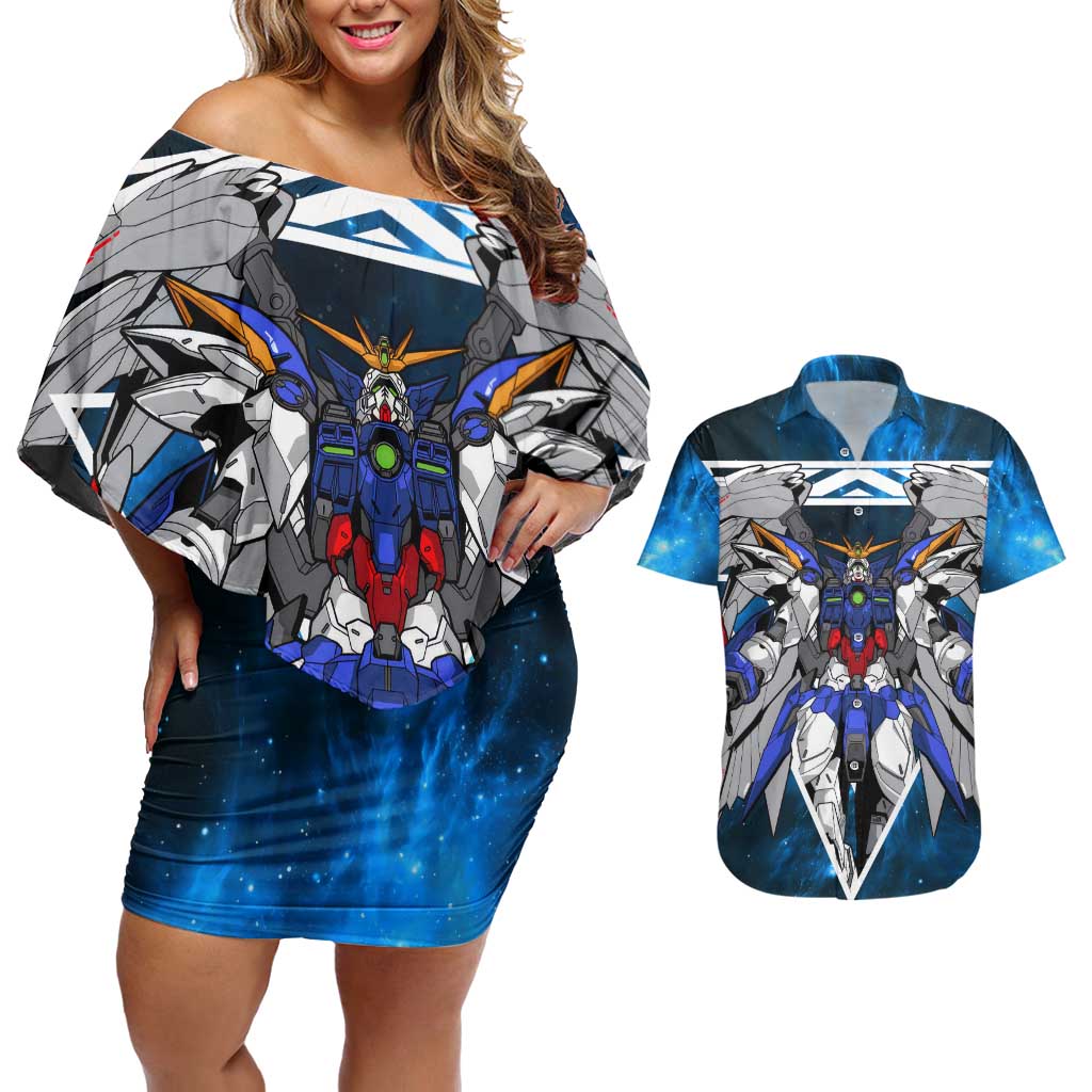 Wing Zero Gundam Couples Matching Off Shoulder Short Dress and Hawaiian Shirt Anime Style