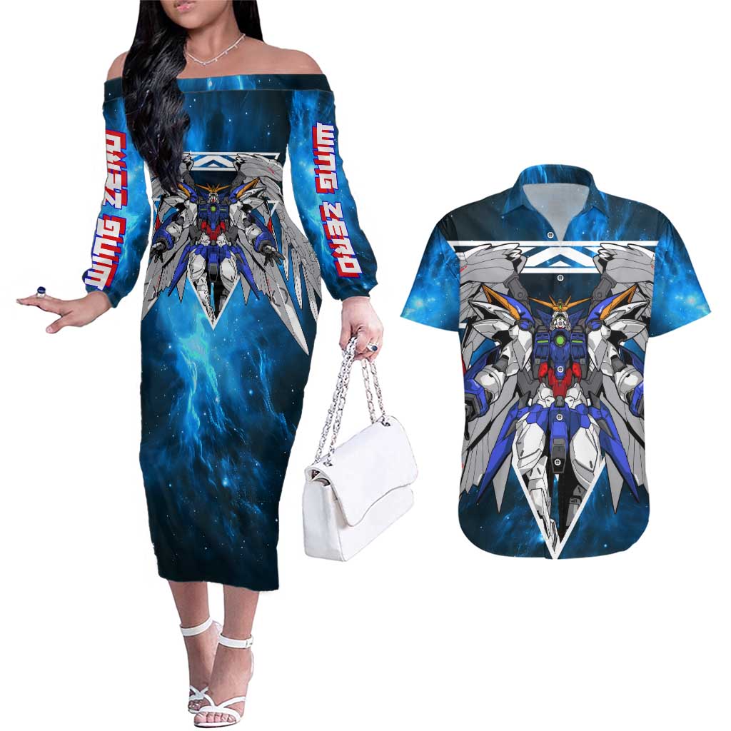 Wing Zero Gundam Couples Matching Off The Shoulder Long Sleeve Dress and Hawaiian Shirt Anime Style