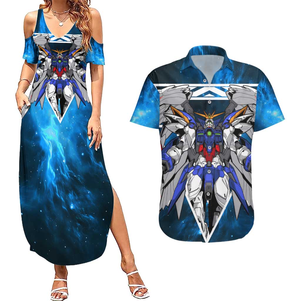 Wing Zero Gundam Couples Matching Summer Maxi Dress and Hawaiian Shirt Anime Style