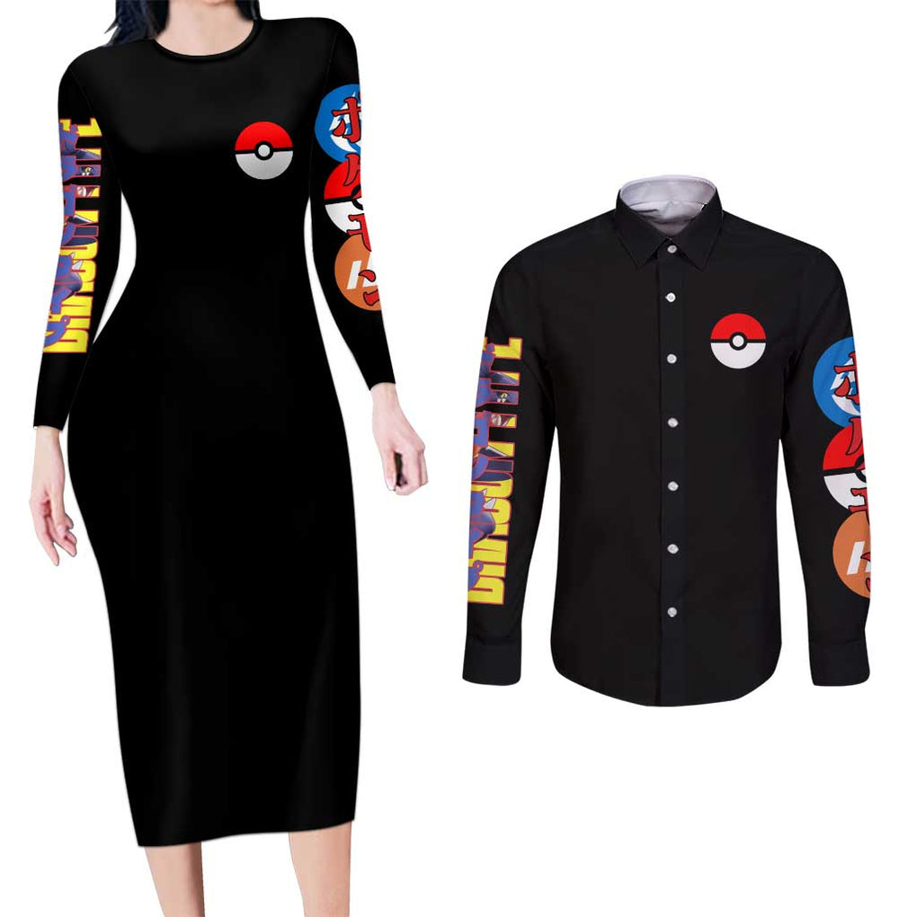 Garchomp Poke Couples Matching Long Sleeve Bodycon Dress and Long Sleeve Button Shirt Anime Style