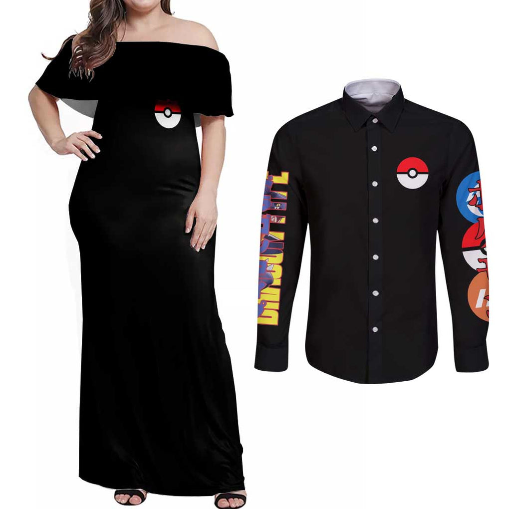 Garchomp Poke Couples Matching Off Shoulder Maxi Dress and Long Sleeve Button Shirt Anime Style