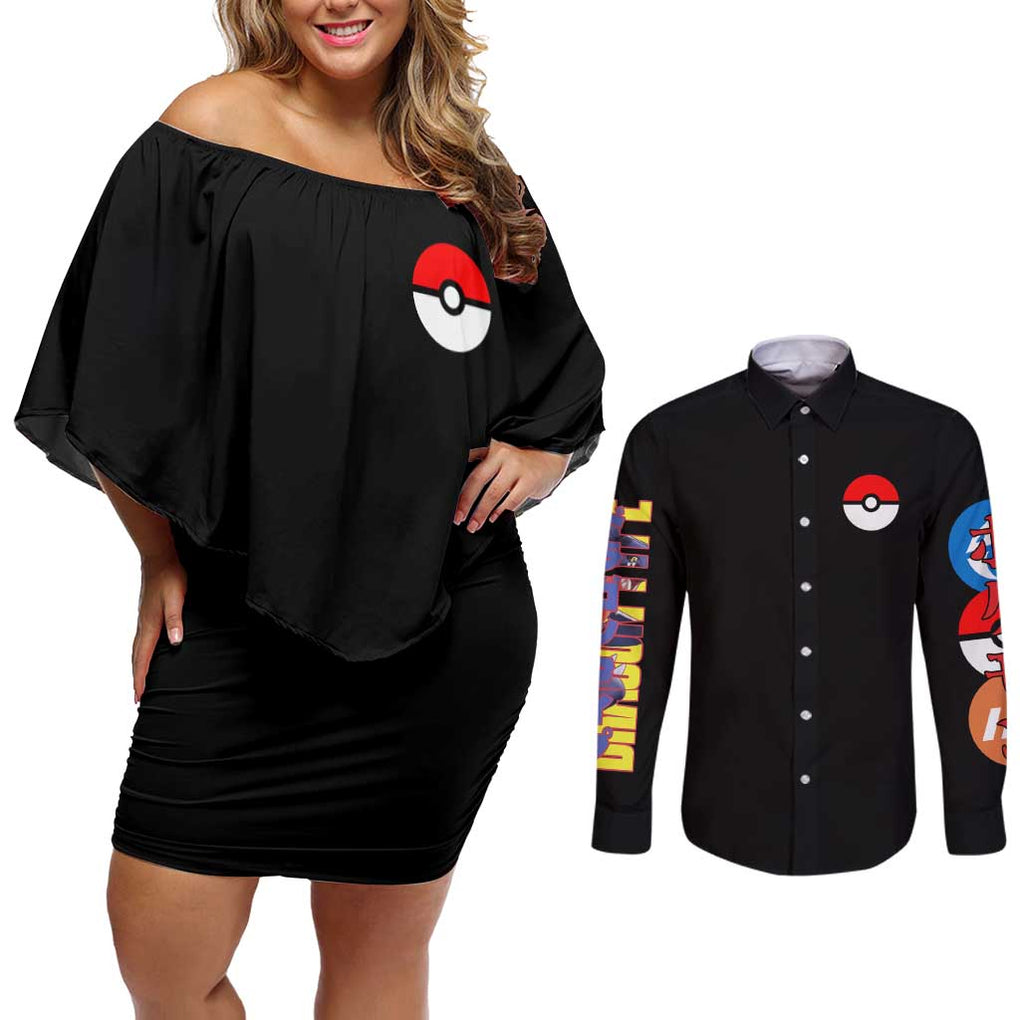 Garchomp Poke Couples Matching Off Shoulder Short Dress and Long Sleeve Button Shirt Anime Style