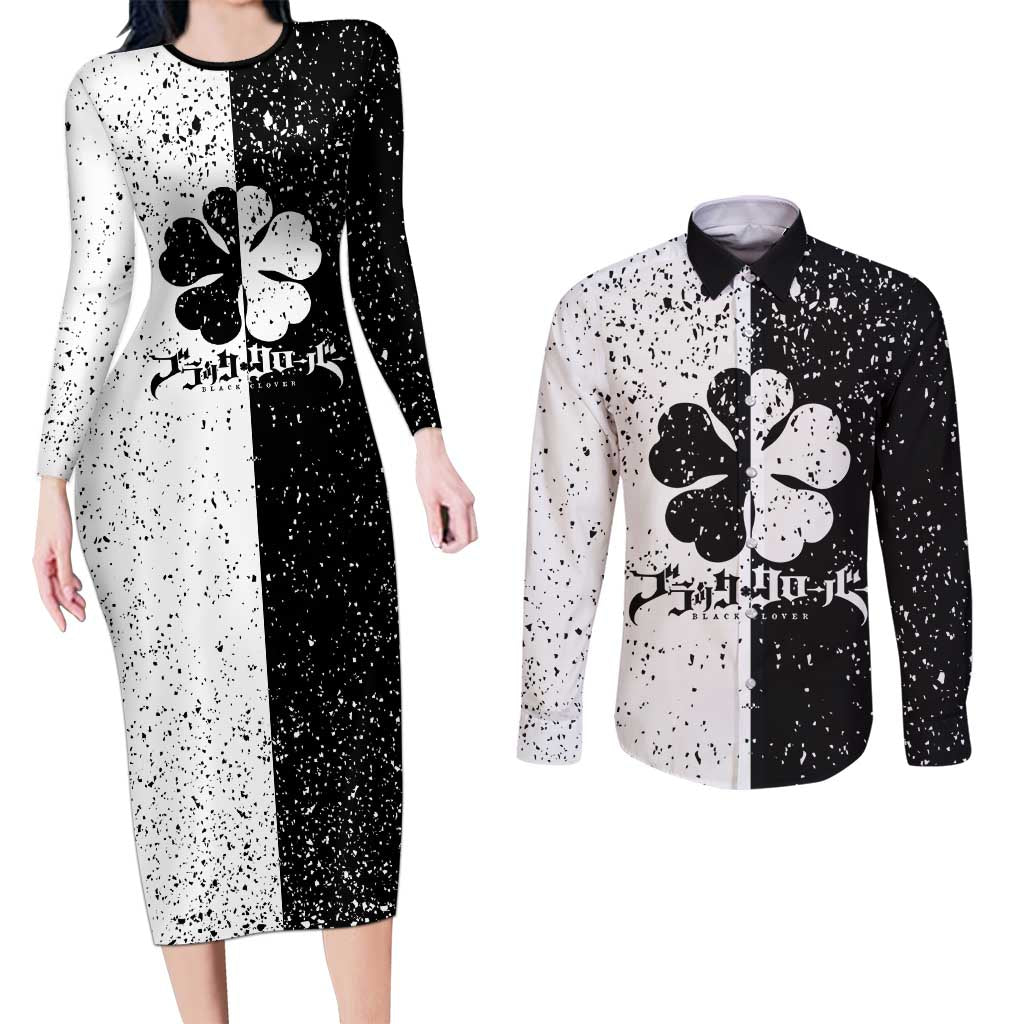 Five Leaf Clover Black Clover Couples Matching Long Sleeve Bodycon Dress and Long Sleeve Button Shirt Anime Grunge Style