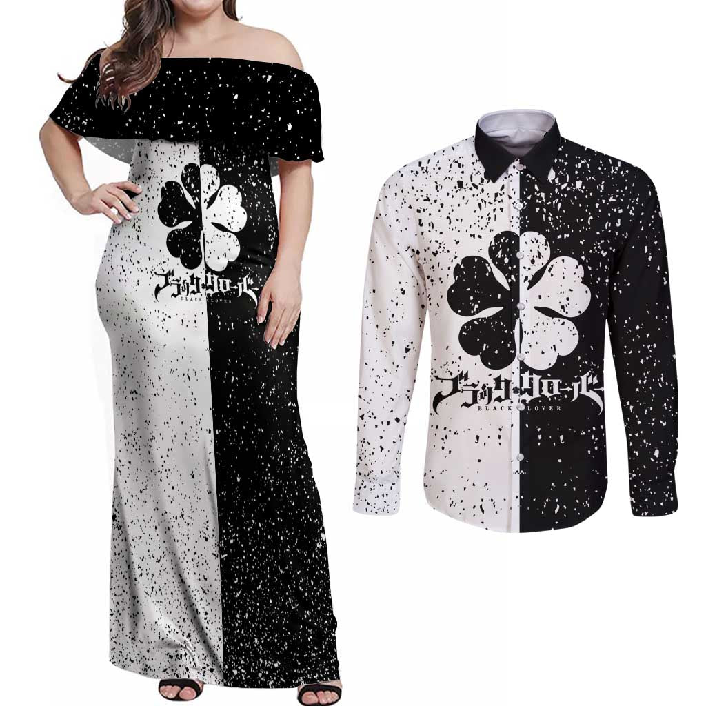 Five Leaf Clover Black Clover Couples Matching Off Shoulder Maxi Dress and Long Sleeve Button Shirt Anime Grunge Style