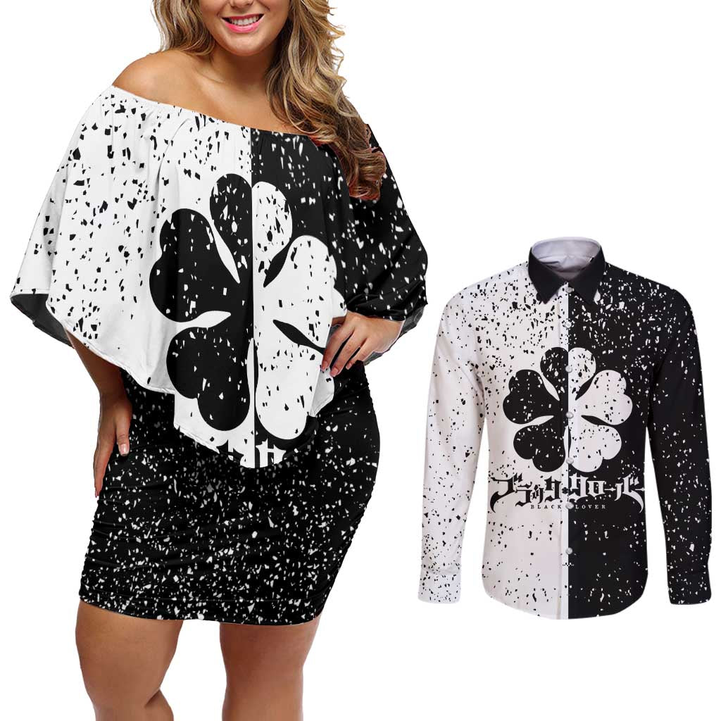 Five Leaf Clover Black Clover Couples Matching Off Shoulder Short Dress and Long Sleeve Button Shirt Anime Grunge Style