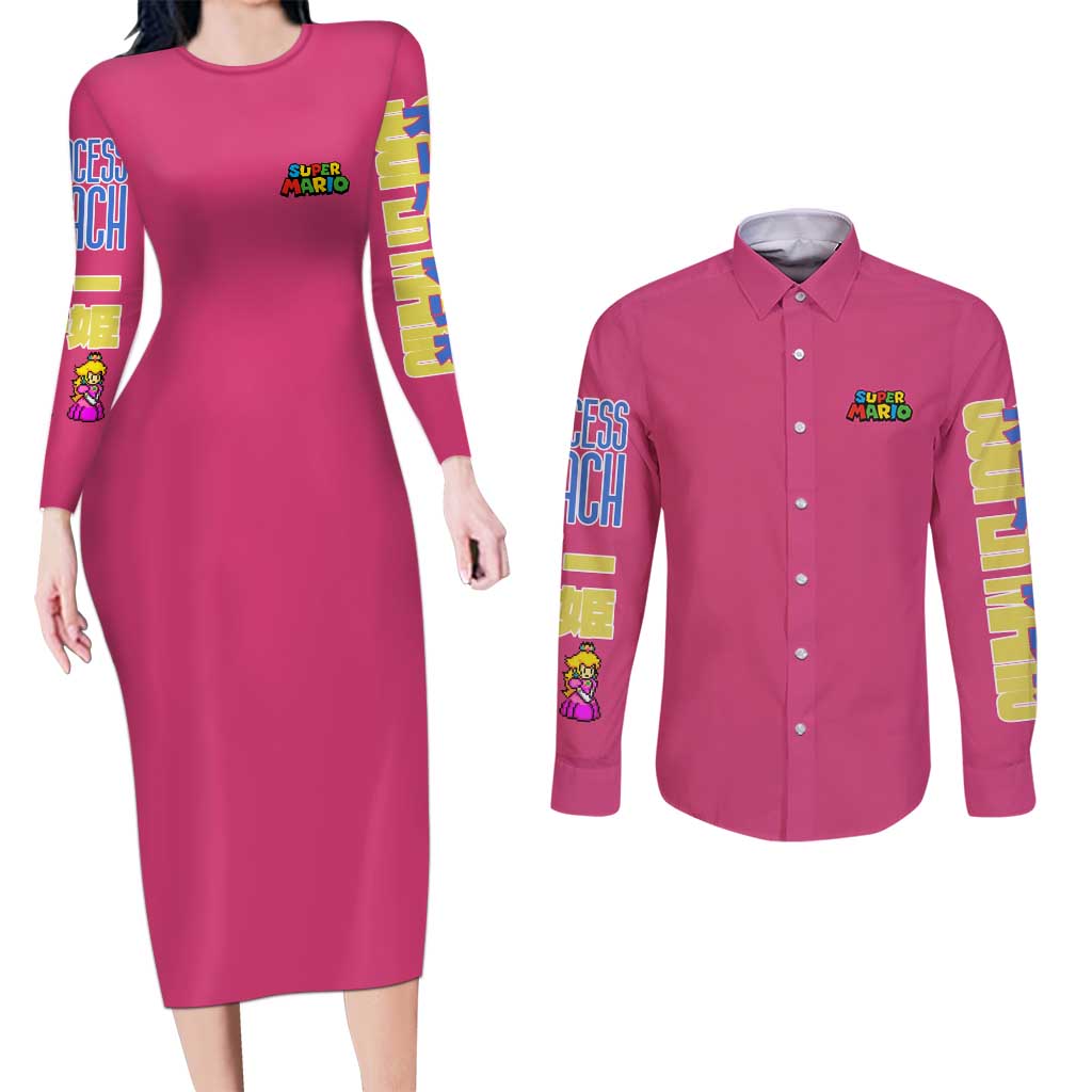 Peach Mario Bros Couples Matching Long Sleeve Bodycon Dress and Long Sleeve Button Shirt Anime Style