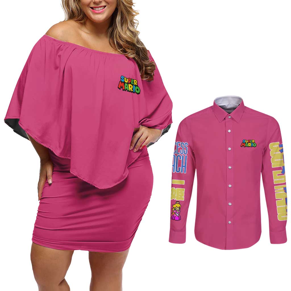 Peach Mario Bros Couples Matching Off Shoulder Short Dress and Long Sleeve Button Shirt Anime Style