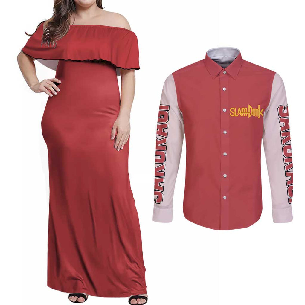 Hanamichi Sakuragi Slam Dunk Couples Matching Off Shoulder Maxi Dress and Long Sleeve Button Shirt Japan Anime Style