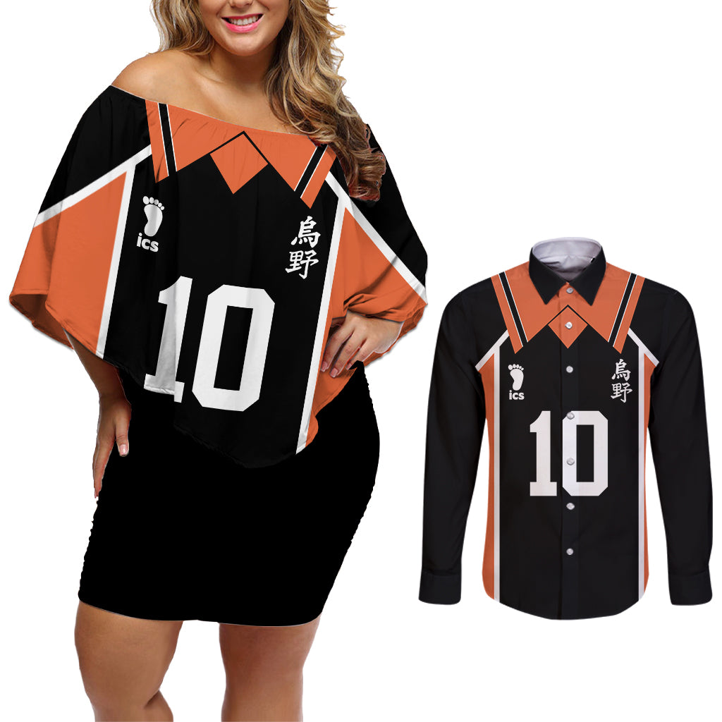 Shoyo Hinata - Number 10 Karasuno Couples Matching Off Shoulder Short Dress and Long Sleeve Button Shirt