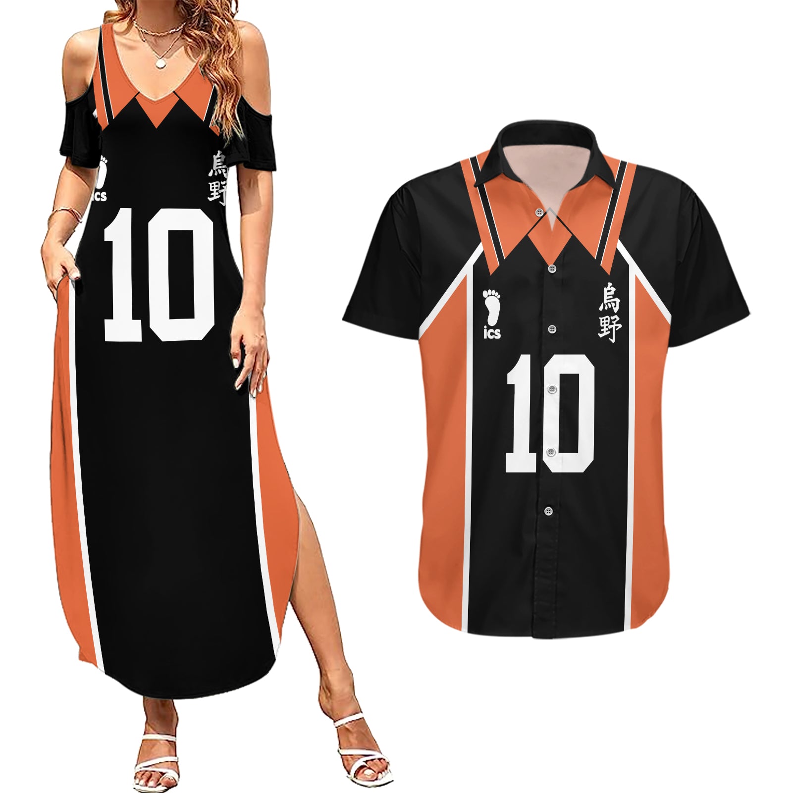 Shoyo Hinata - Number 10 Karasuno Couples Matching Summer Maxi Dress and Hawaiian Shirt