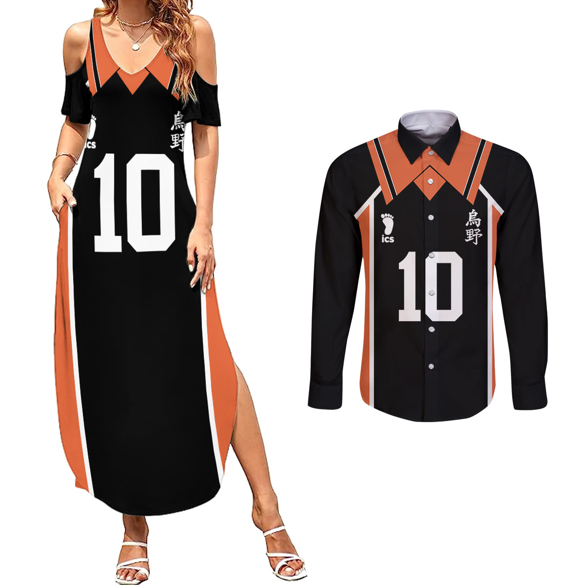 Shoyo Hinata - Number 10 Karasuno Couples Matching Summer Maxi Dress and Long Sleeve Button Shirt