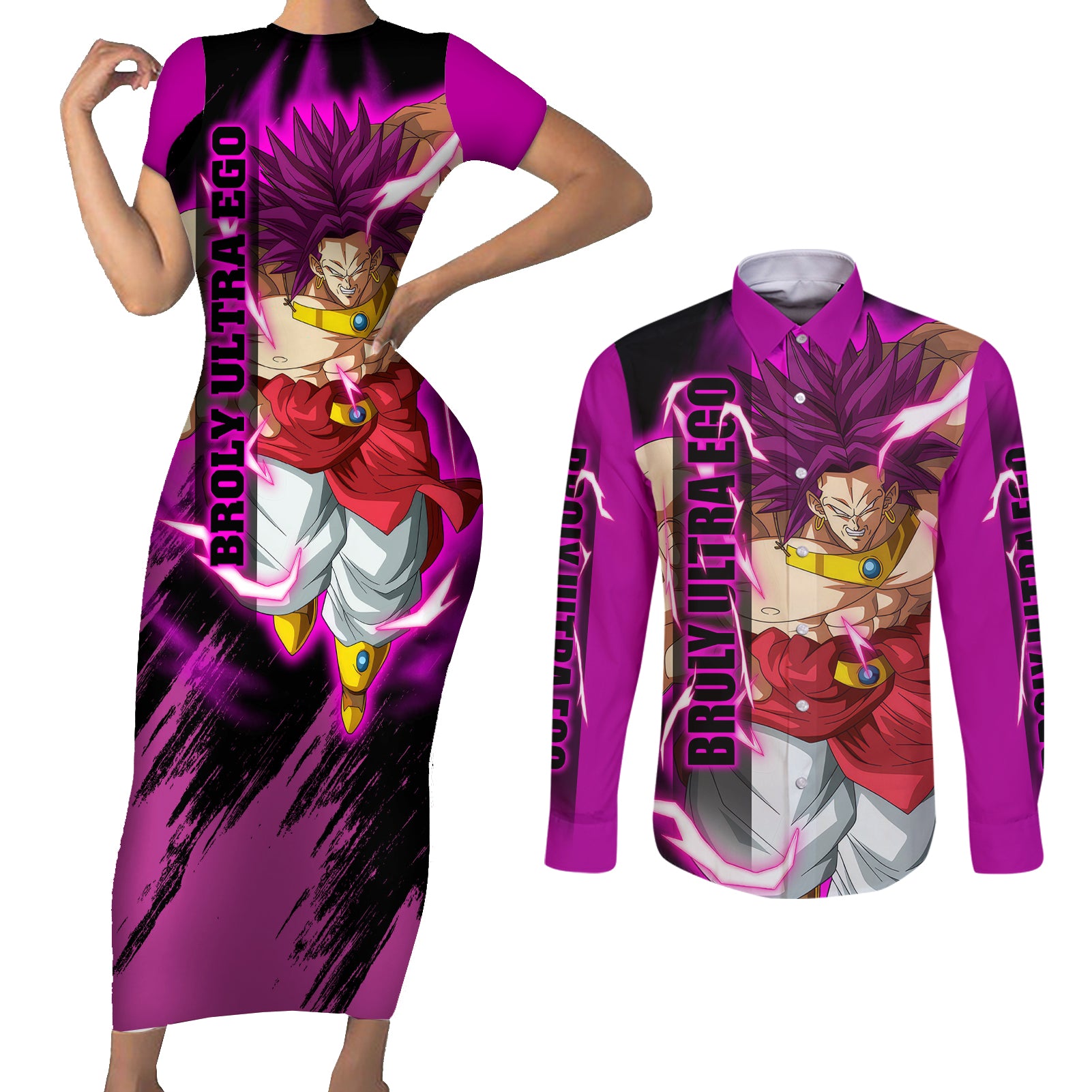 Broly Ultra Ego Anime Couples Matching Short Sleeve Bodycon Dress and Long Sleeve Button Shirt