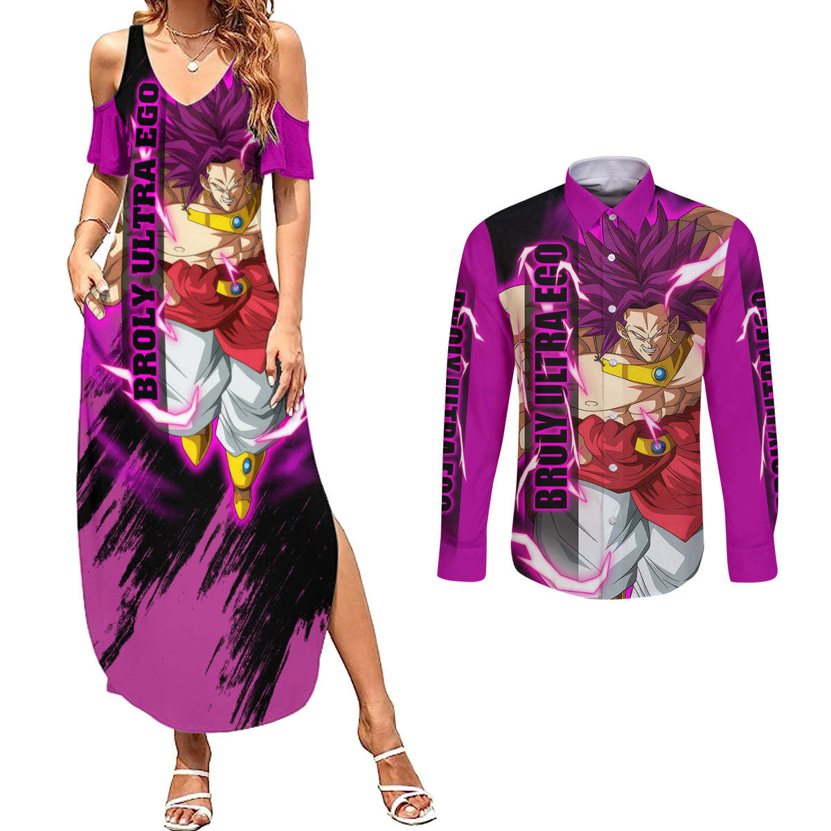 Broly Ultra Ego Anime Couples Matching Summer Maxi Dress and Long Sleeve Button Shirt