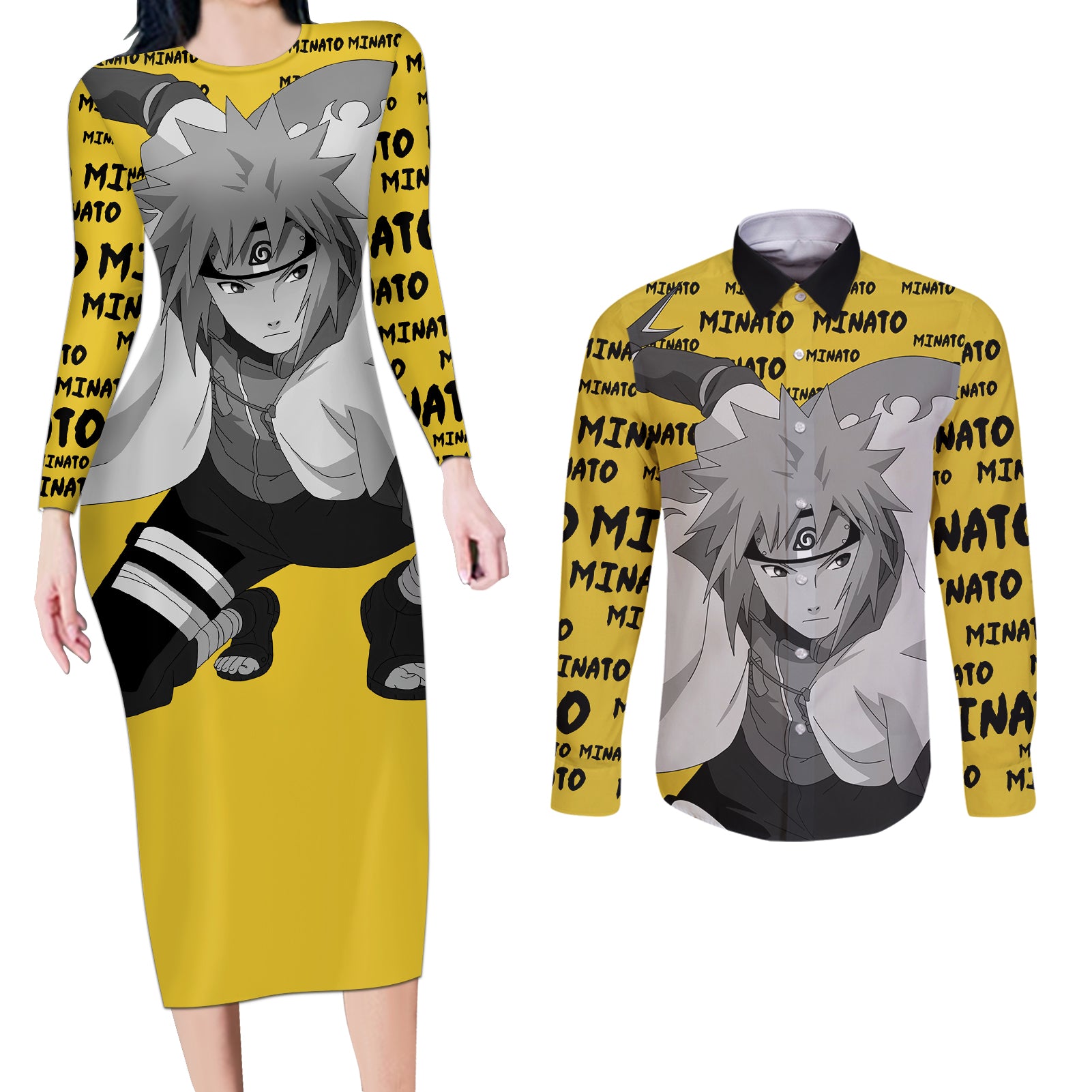 Minato Namikaze - Anime Style Manga Couples Matching Long Sleeve Bodycon Dress and Long Sleeve Button Shirt