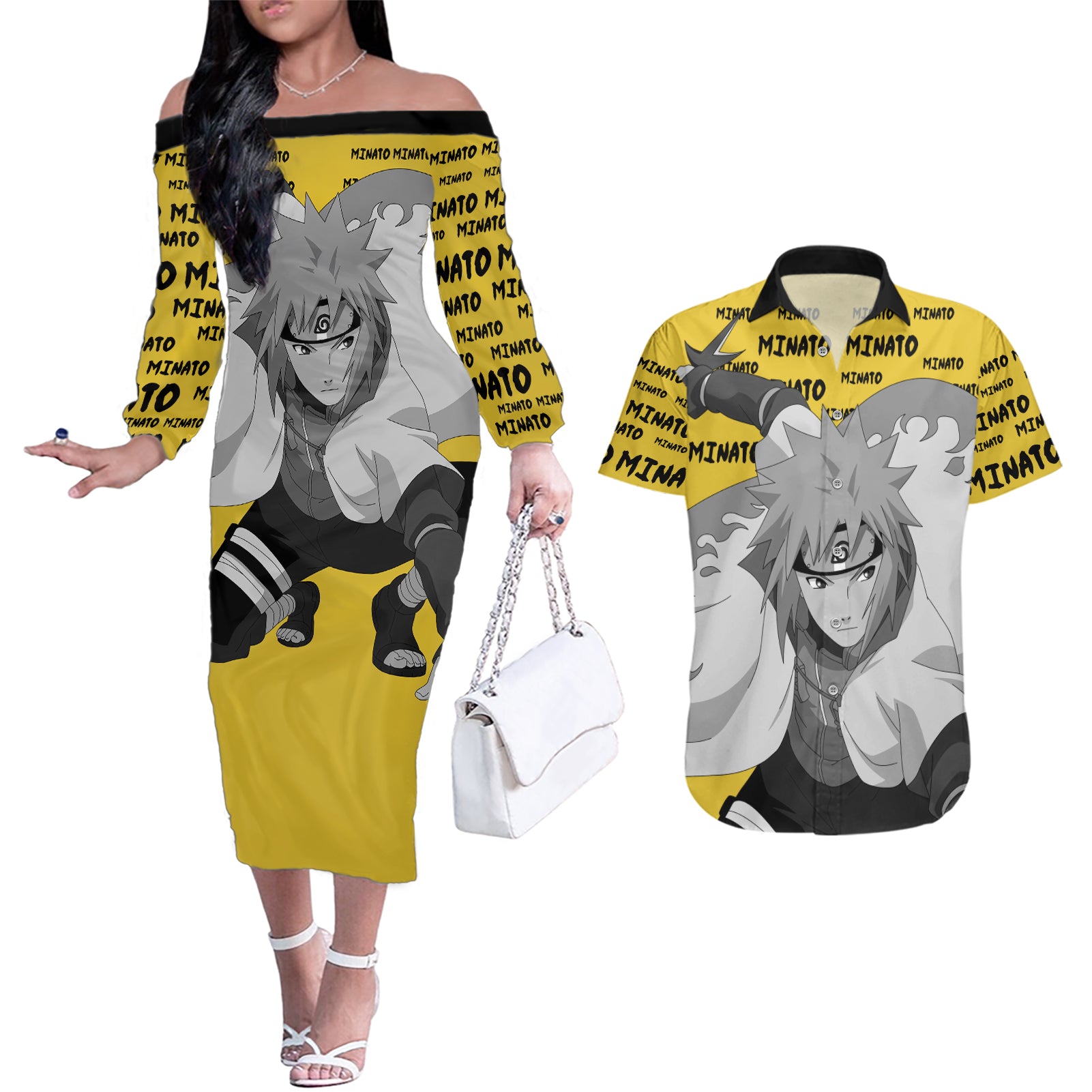 Minato Namikaze - Anime Style Manga Couples Matching Off The Shoulder Long Sleeve Dress and Hawaiian Shirt