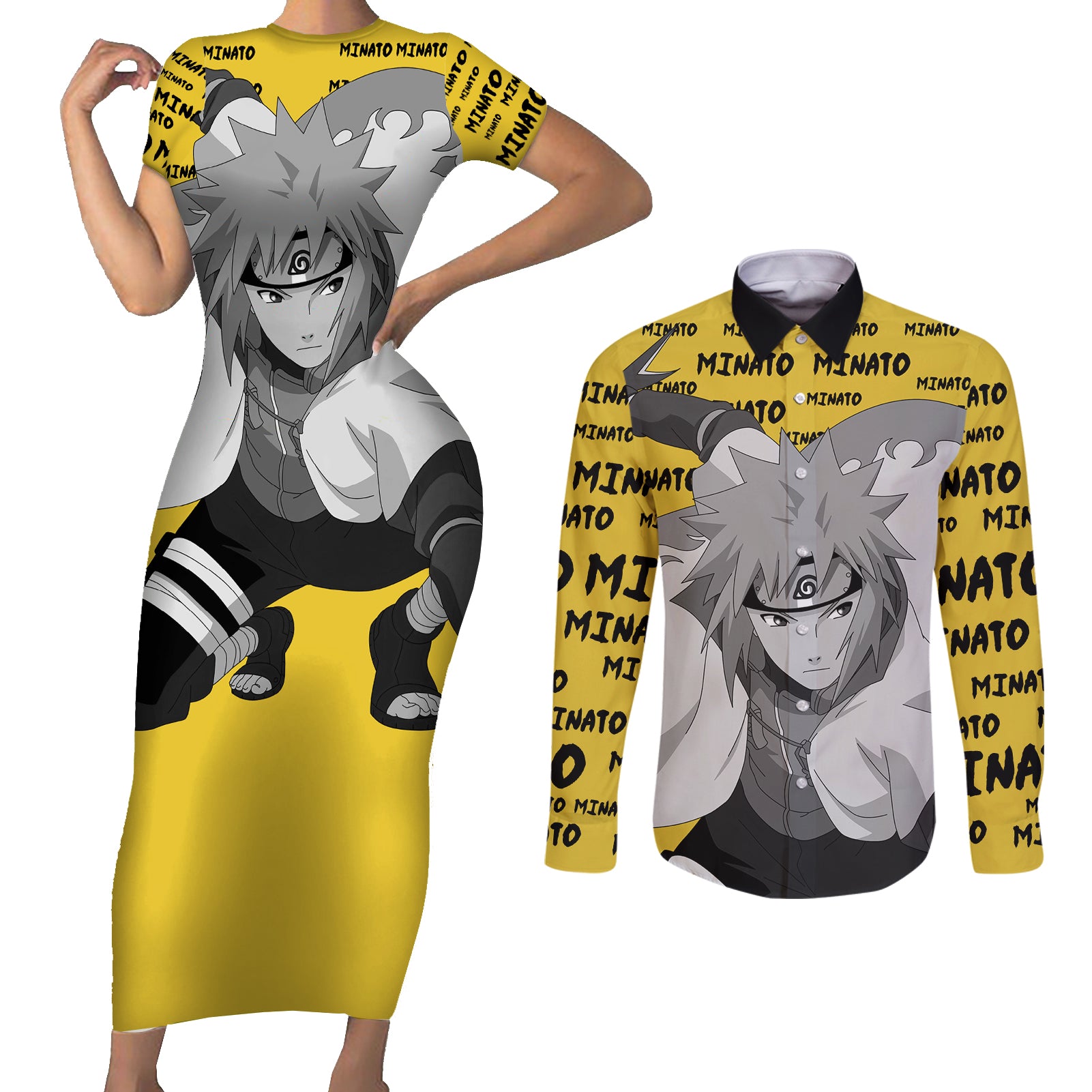 Minato Namikaze - Anime Style Manga Couples Matching Short Sleeve Bodycon Dress and Long Sleeve Button Shirt