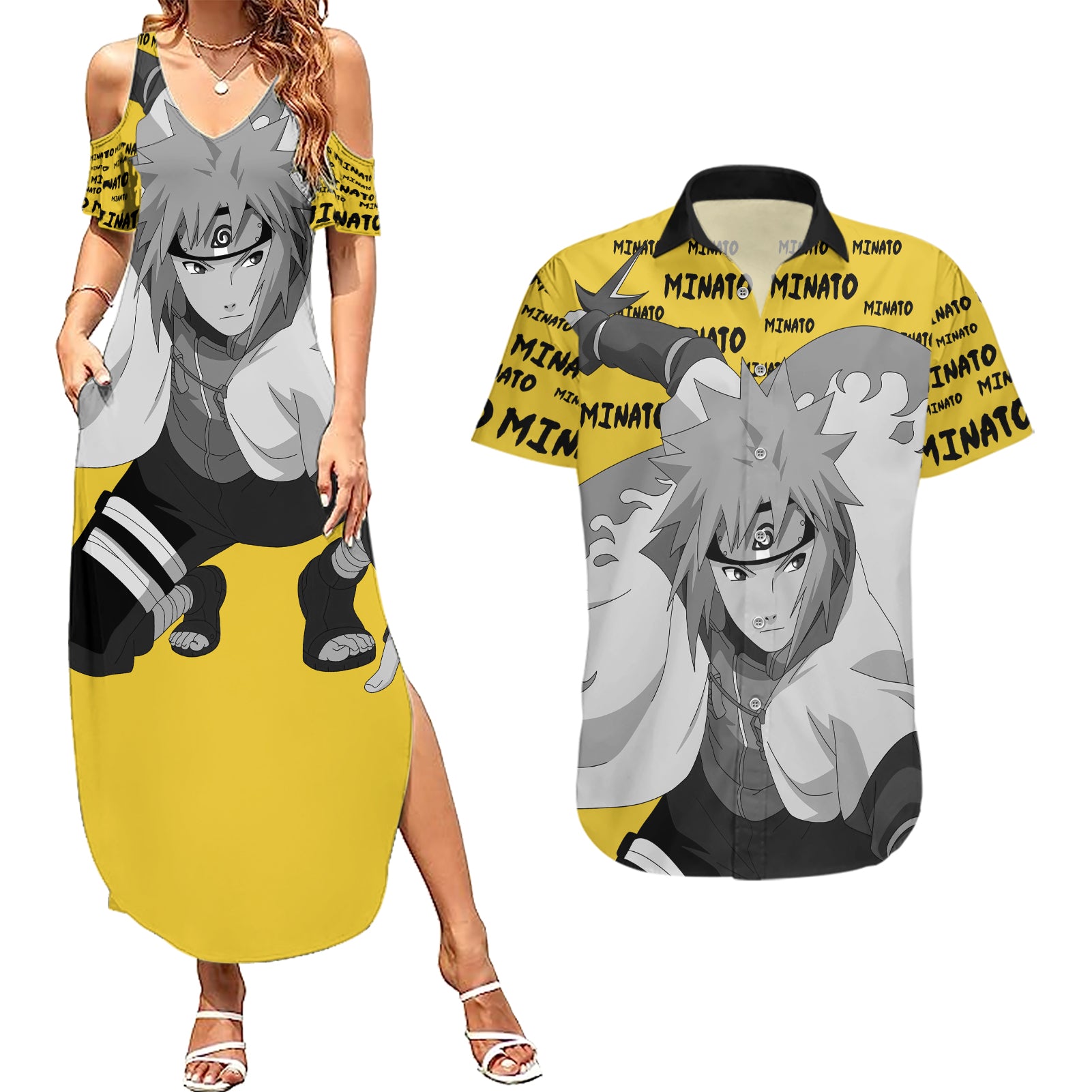 Minato Namikaze - Anime Style Manga Couples Matching Summer Maxi Dress and Hawaiian Shirt