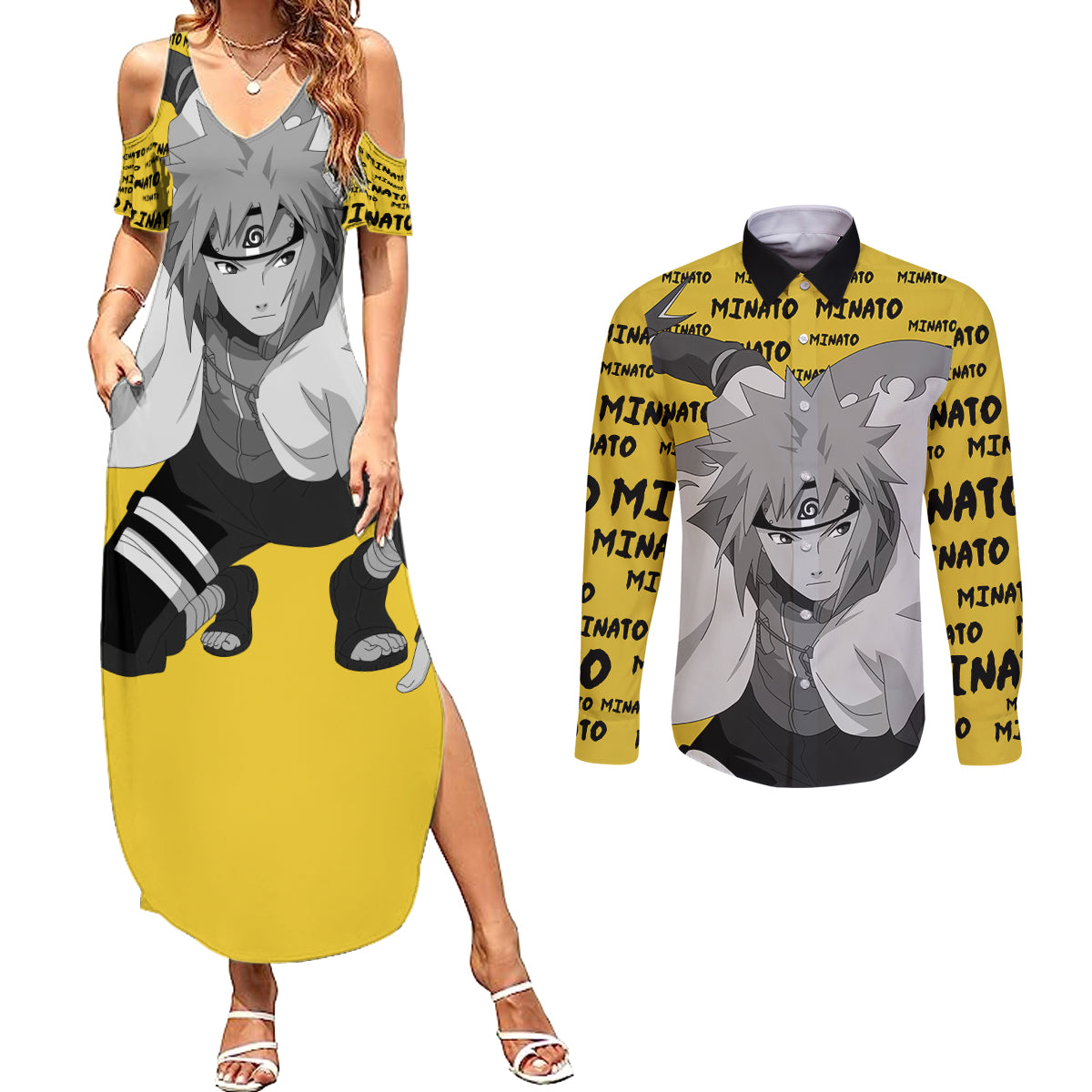 Minato Namikaze - Anime Style Manga Couples Matching Summer Maxi Dress and Long Sleeve Button Shirt