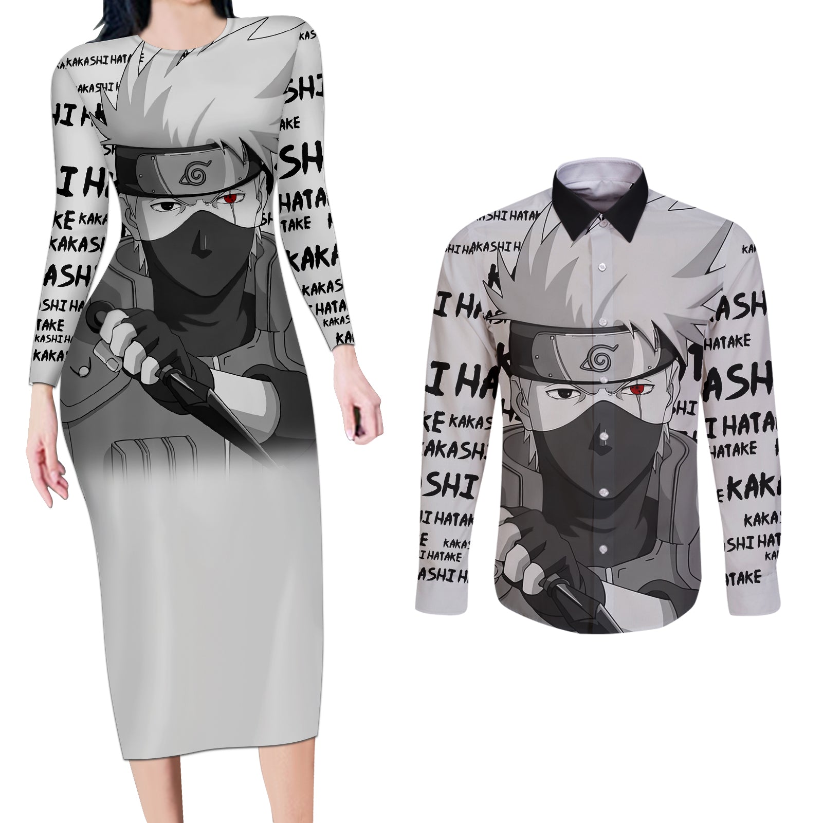 Kakashi Hatake - Anime Style Manga Couples Matching Long Sleeve Bodycon Dress and Long Sleeve Button Shirt