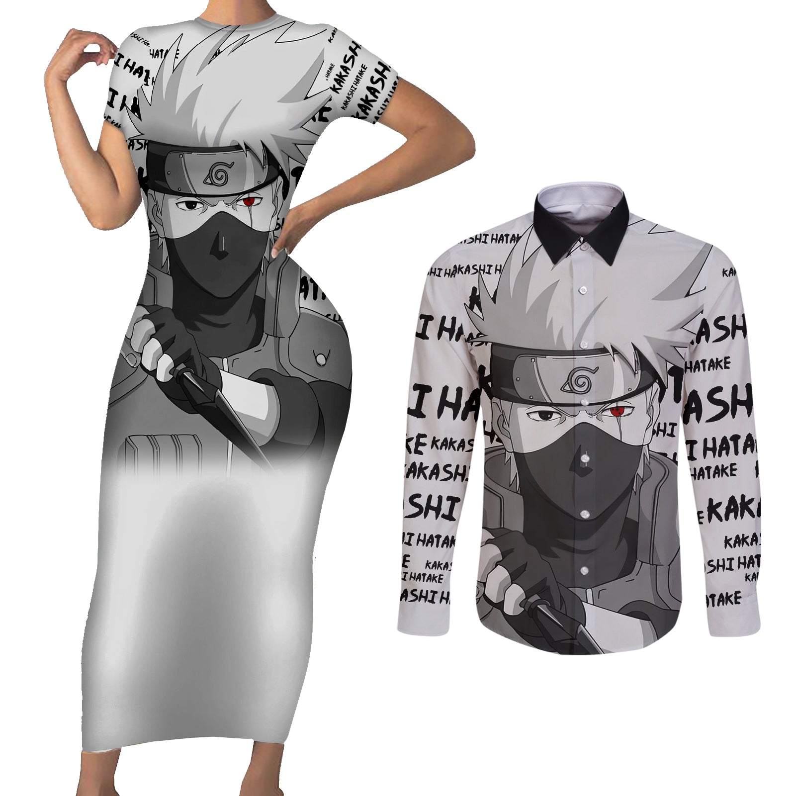 Kakashi Hatake - Anime Style Manga Couples Matching Short Sleeve Bodycon Dress and Long Sleeve Button Shirt