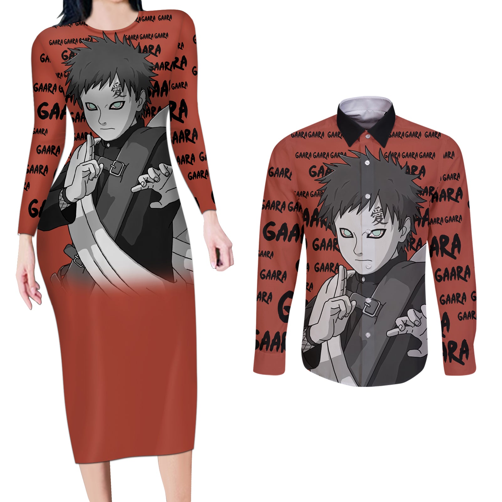 Gaara - Style Manga Couples Matching Long Sleeve Bodycon Dress and Long Sleeve Button Shirt