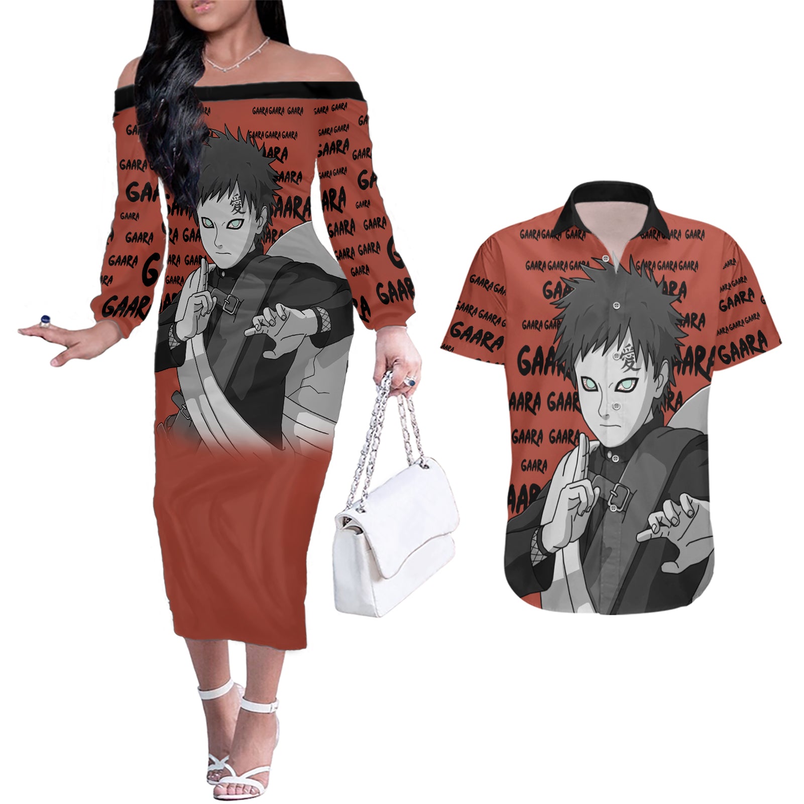 Gaara - Style Manga Couples Matching Off The Shoulder Long Sleeve Dress and Hawaiian Shirt