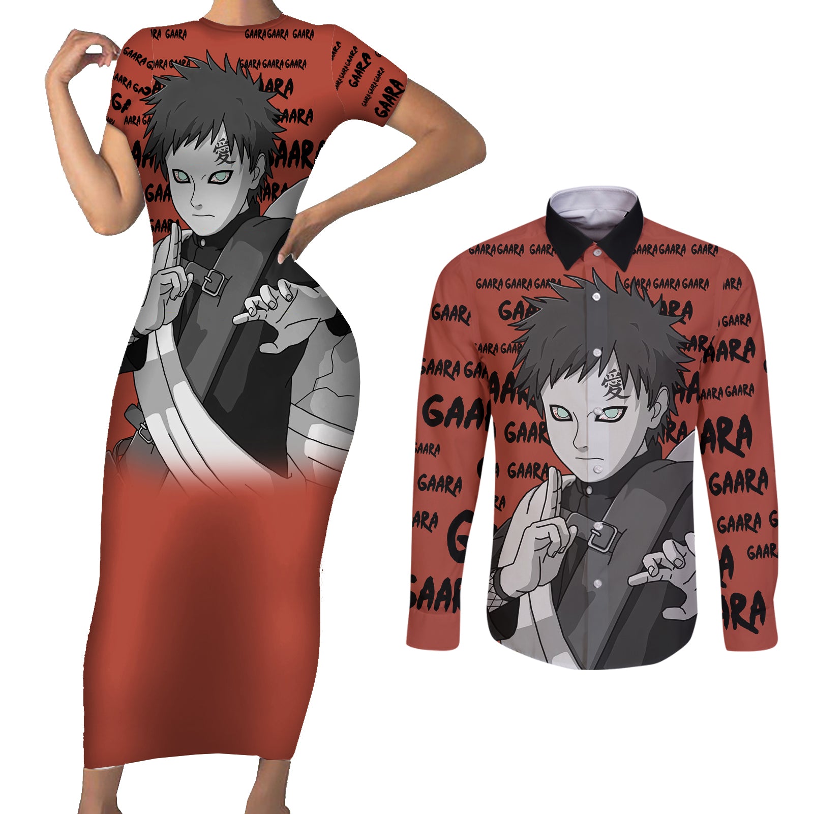 Gaara - Style Manga Couples Matching Short Sleeve Bodycon Dress and Long Sleeve Button Shirt