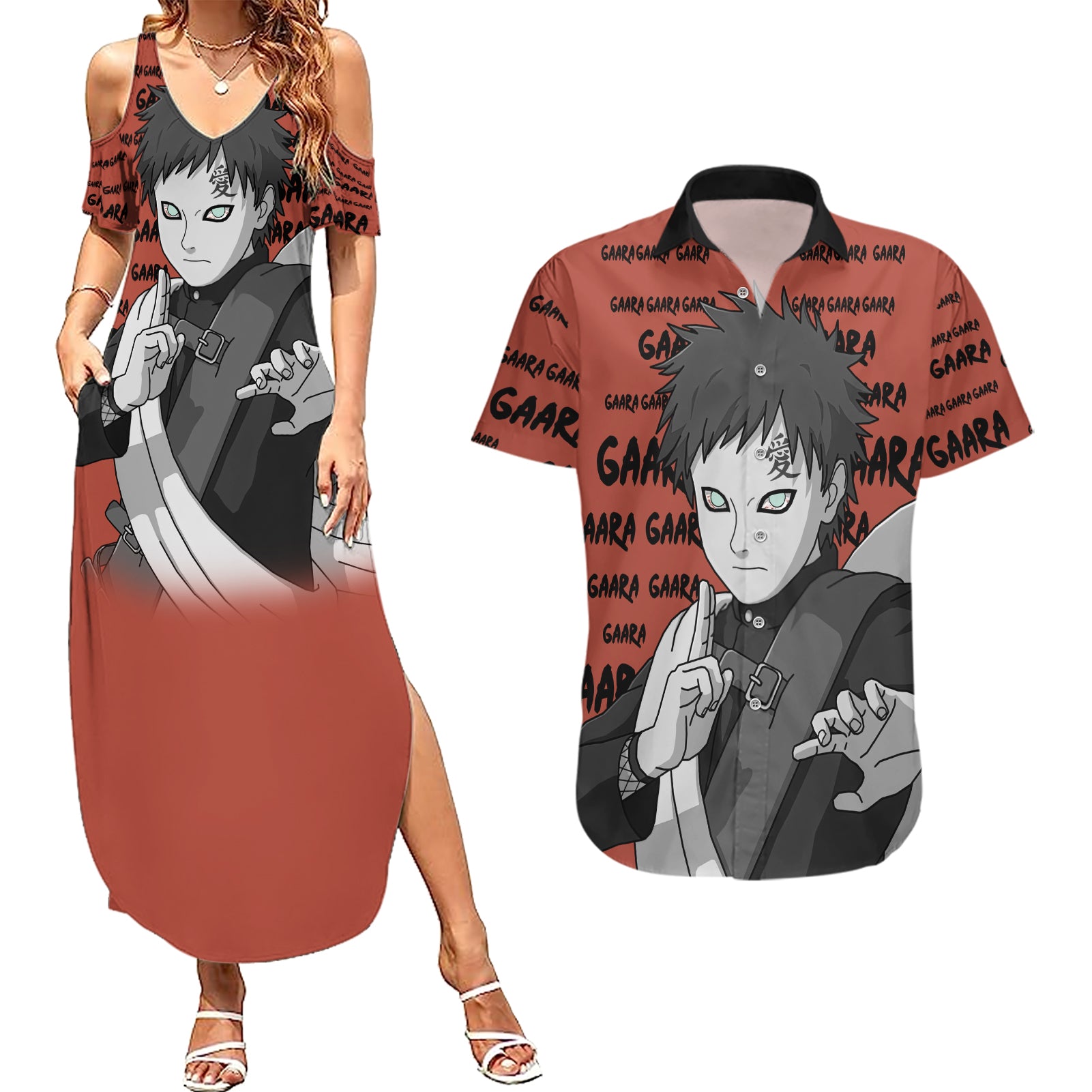 Gaara - Style Manga Couples Matching Summer Maxi Dress and Hawaiian Shirt