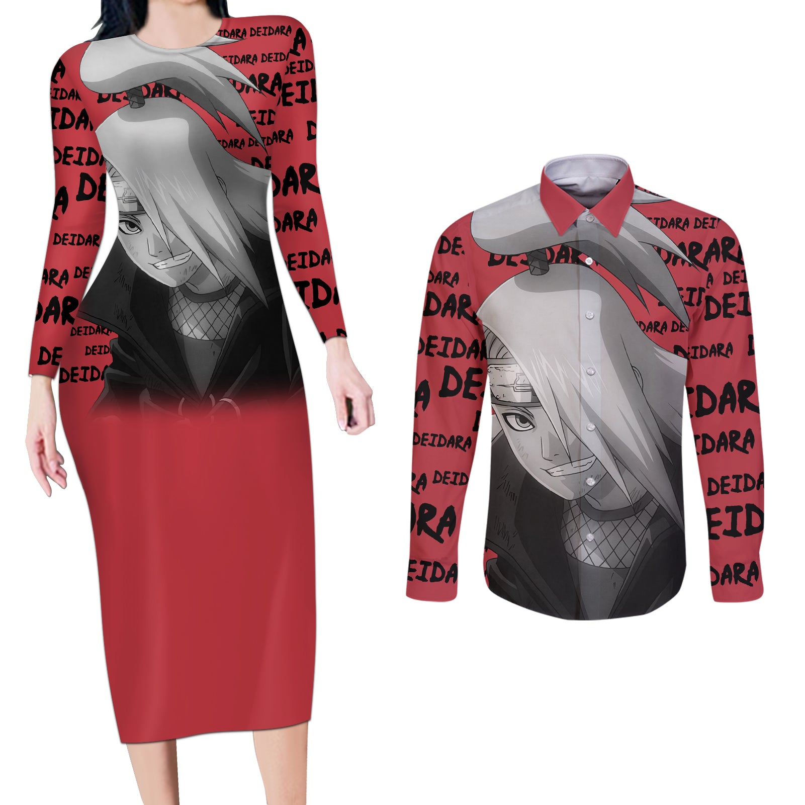 Deidara - Style Manga Couples Matching Long Sleeve Bodycon Dress and Long Sleeve Button Shirt