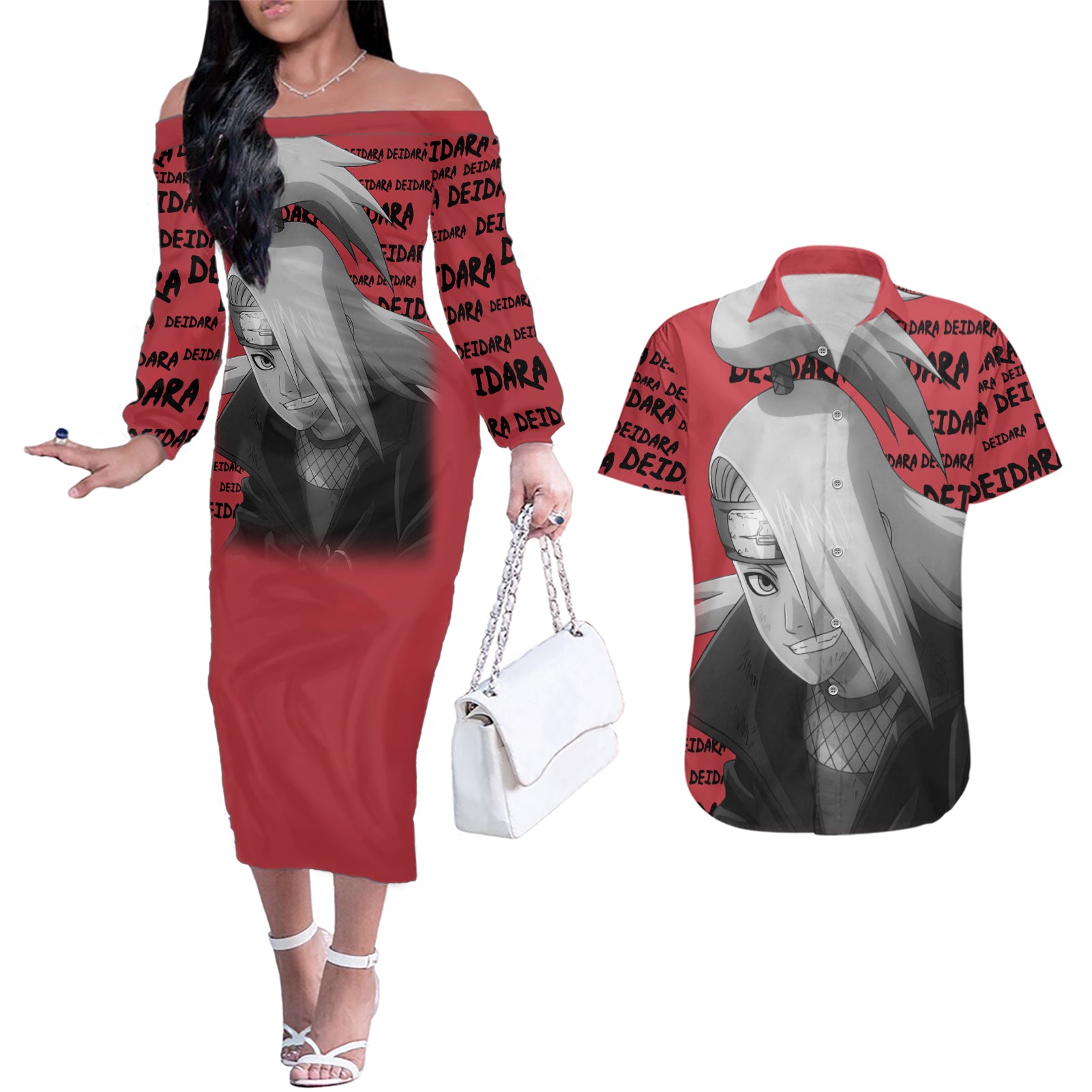 Deidara - Style Manga Couples Matching Off The Shoulder Long Sleeve Dress and Hawaiian Shirt