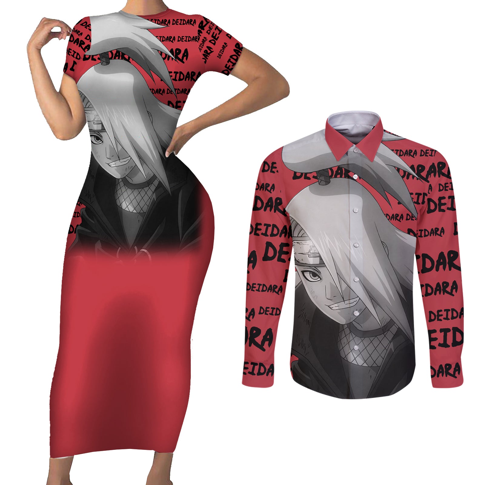 Deidara - Style Manga Couples Matching Short Sleeve Bodycon Dress and Long Sleeve Button Shirt