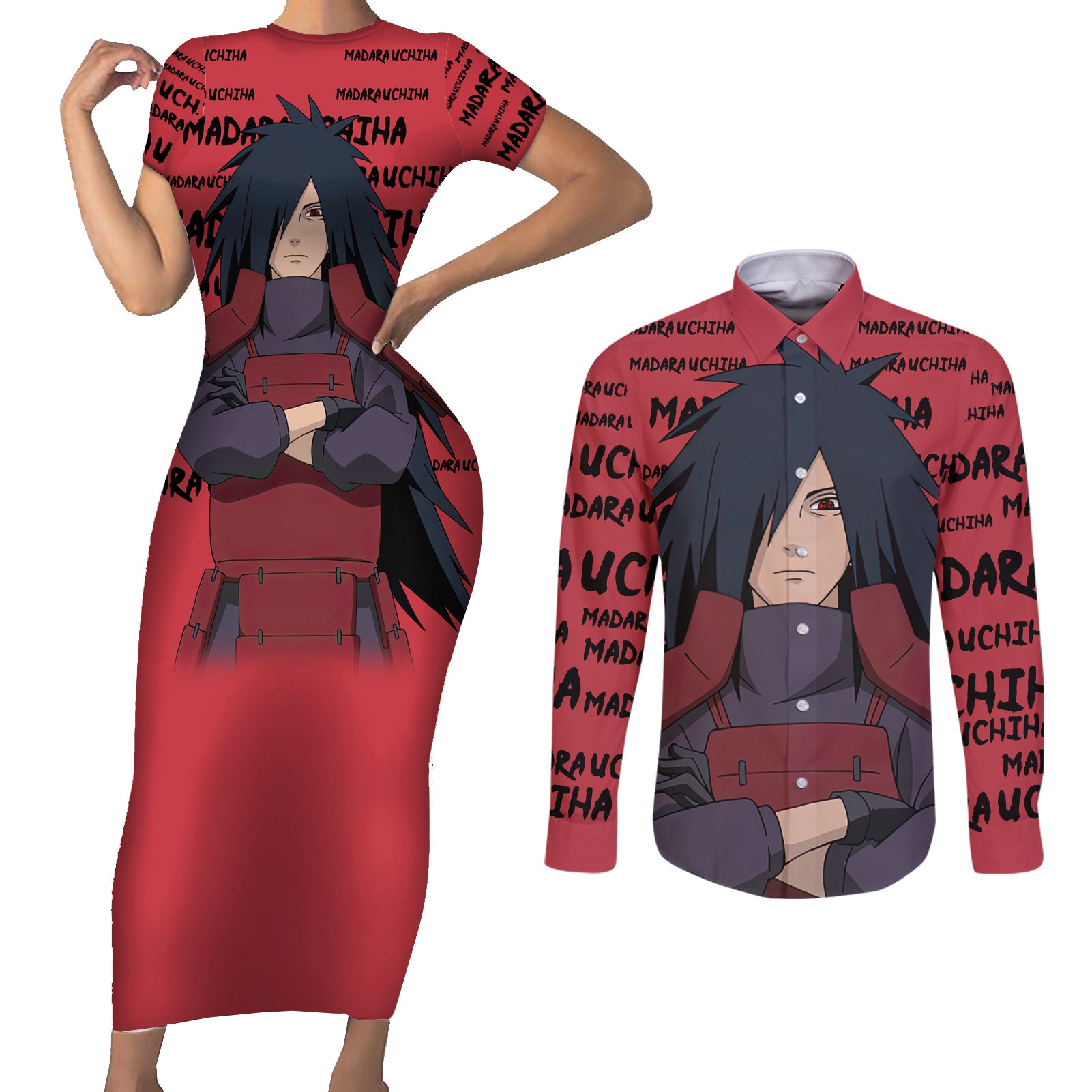 Madara Uchiha - Style Manga Couples Matching Short Sleeve Bodycon Dress and Long Sleeve Button Shirt