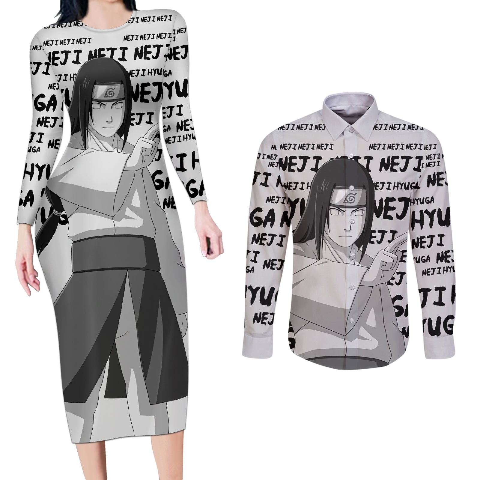 Neji Hyuga - Style Manga Couples Matching Long Sleeve Bodycon Dress and Long Sleeve Button Shirt