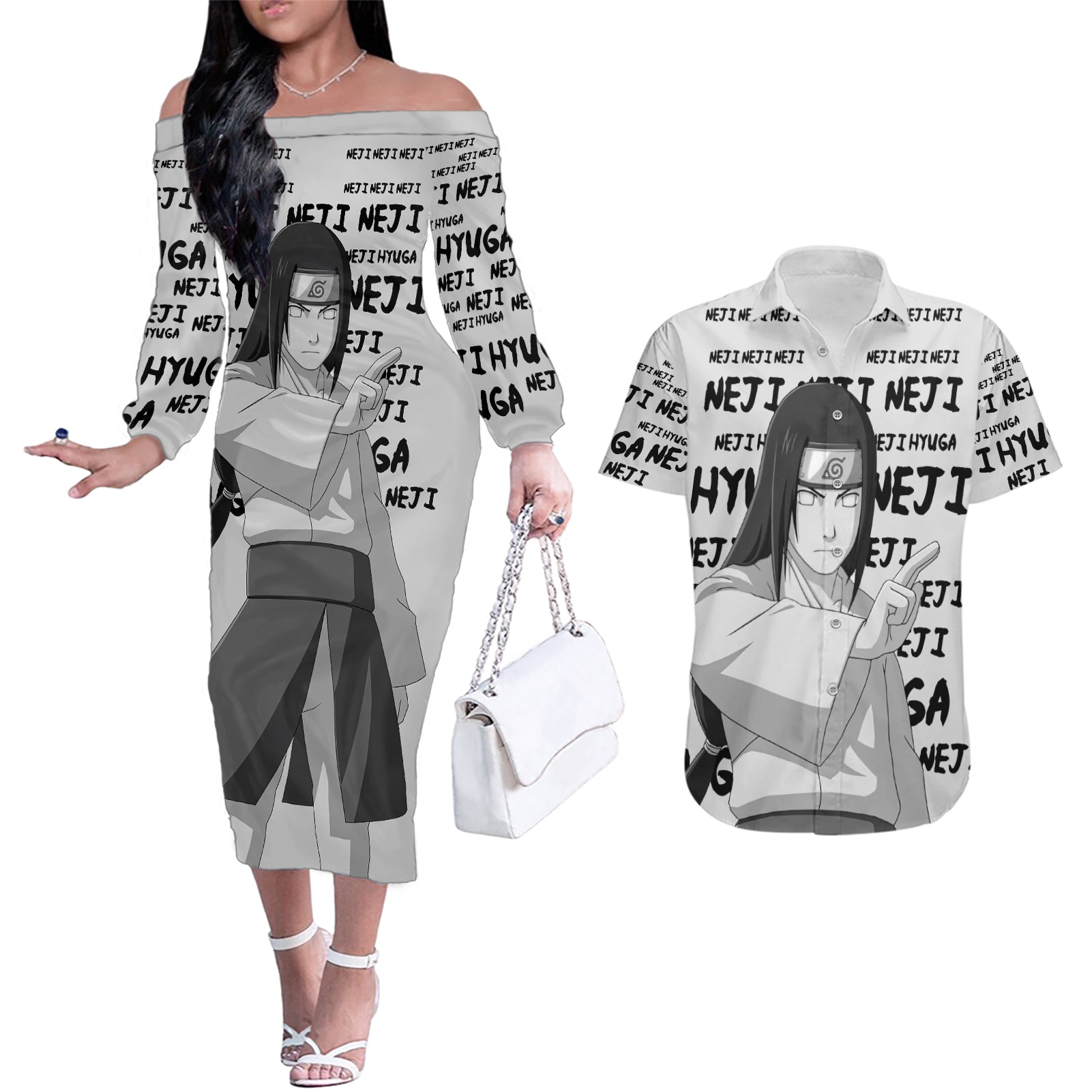 Neji Hyuga - Style Manga Couples Matching Off The Shoulder Long Sleeve Dress and Hawaiian Shirt