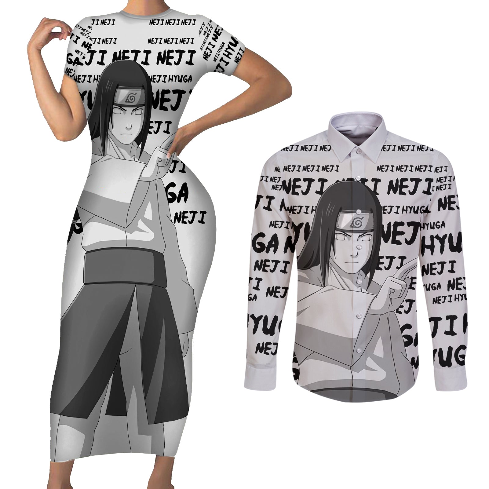 Neji Hyuga - Style Manga Couples Matching Short Sleeve Bodycon Dress and Long Sleeve Button Shirt