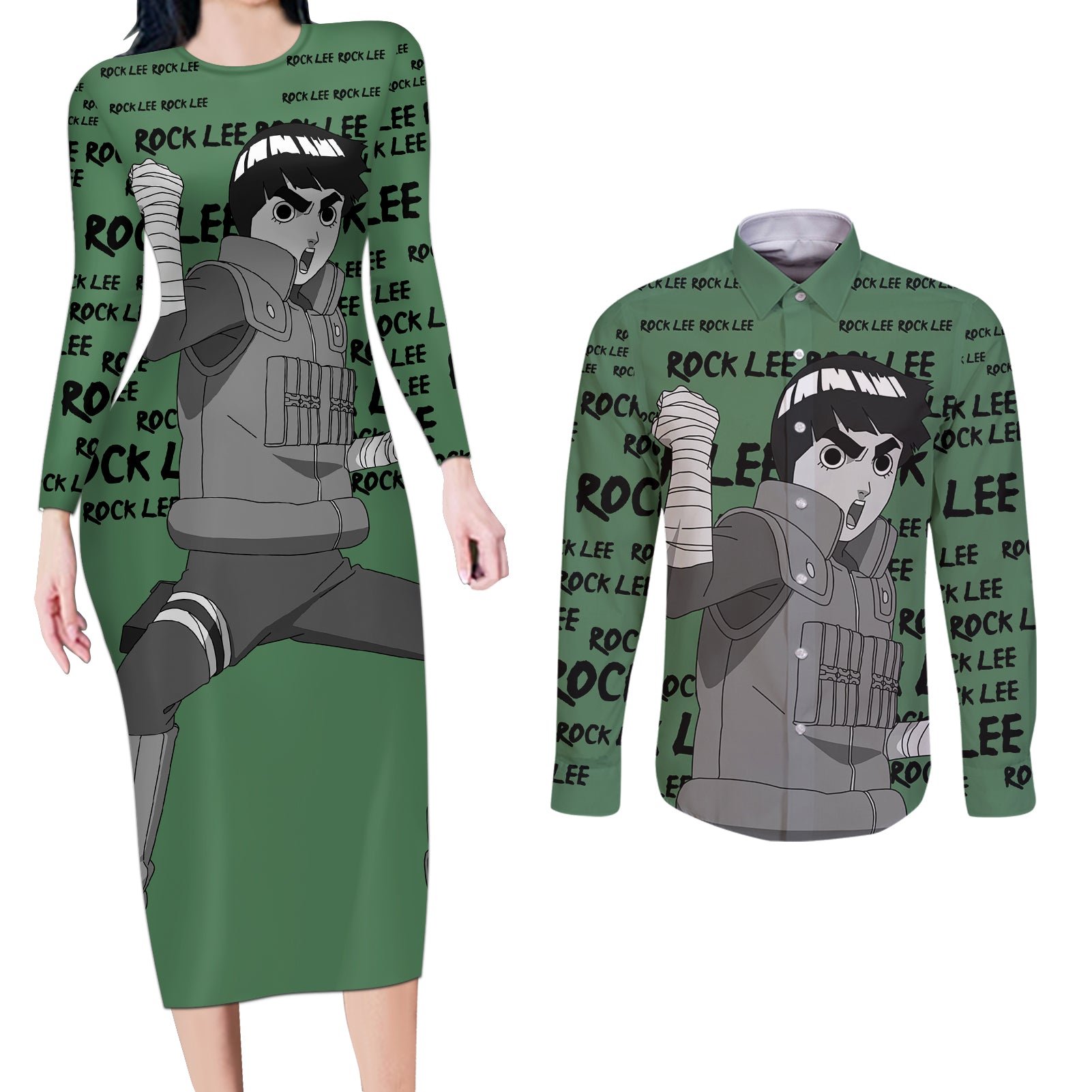 Rock Lee - Style Manga Couples Matching Long Sleeve Bodycon Dress and Long Sleeve Button Shirt