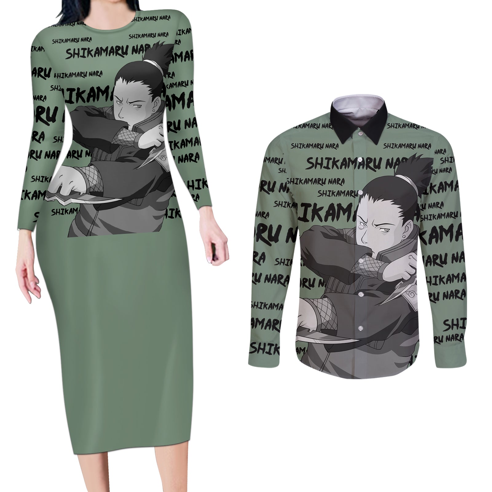 Shikamaru Nara - Style Manga Couples Matching Long Sleeve Bodycon Dress and Long Sleeve Button Shirt