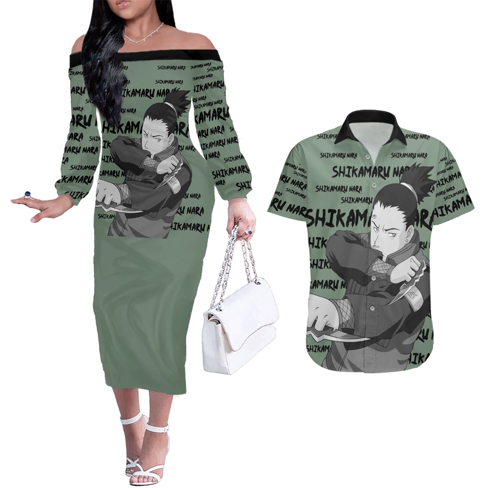 Shikamaru Nara - Style Manga Couples Matching Off The Shoulder Long Sleeve Dress and Hawaiian Shirt