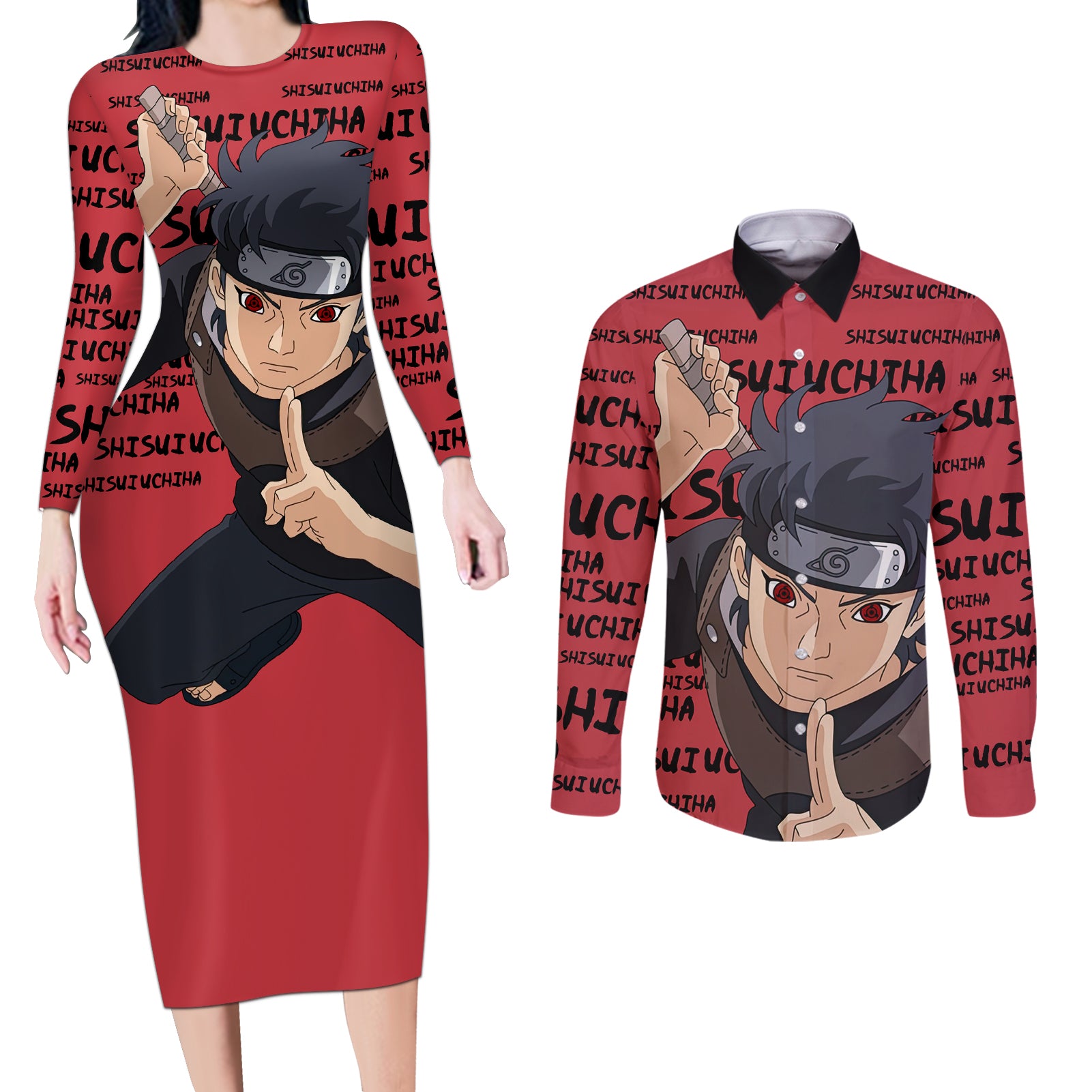 Shisui Uchiha - Style Manga Couples Matching Long Sleeve Bodycon Dress and Long Sleeve Button Shirt