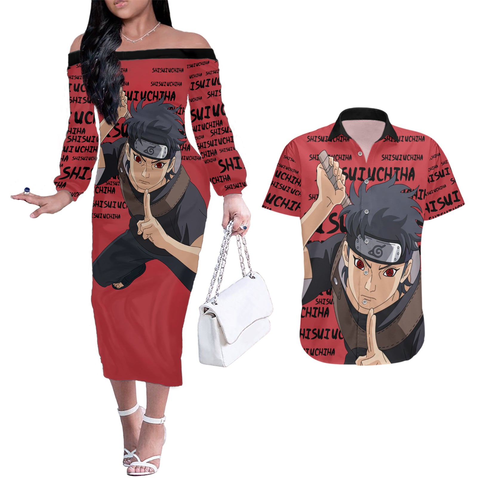 Shisui Uchiha - Style Manga Couples Matching Off The Shoulder Long Sleeve Dress and Hawaiian Shirt