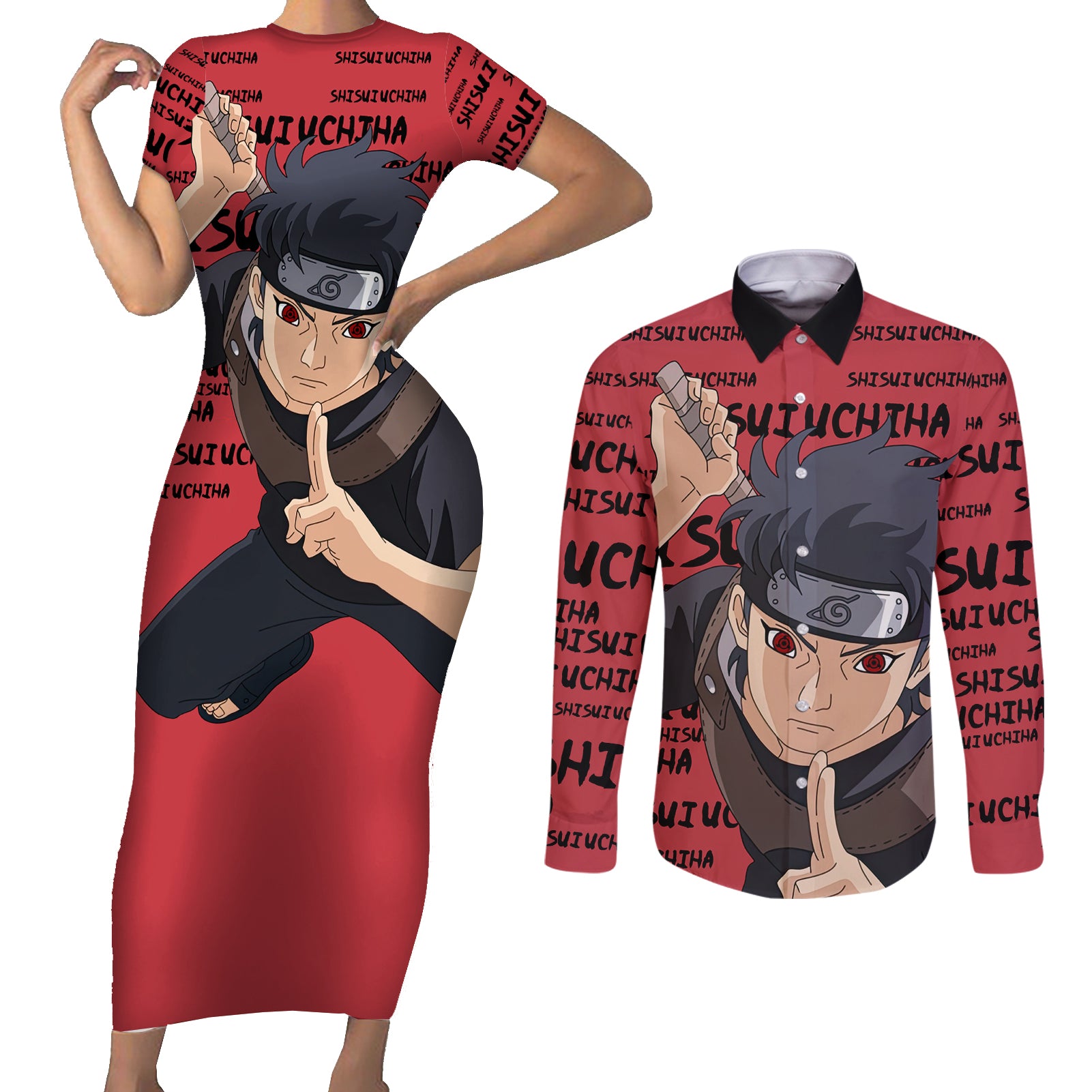 Shisui Uchiha - Style Manga Couples Matching Short Sleeve Bodycon Dress and Long Sleeve Button Shirt