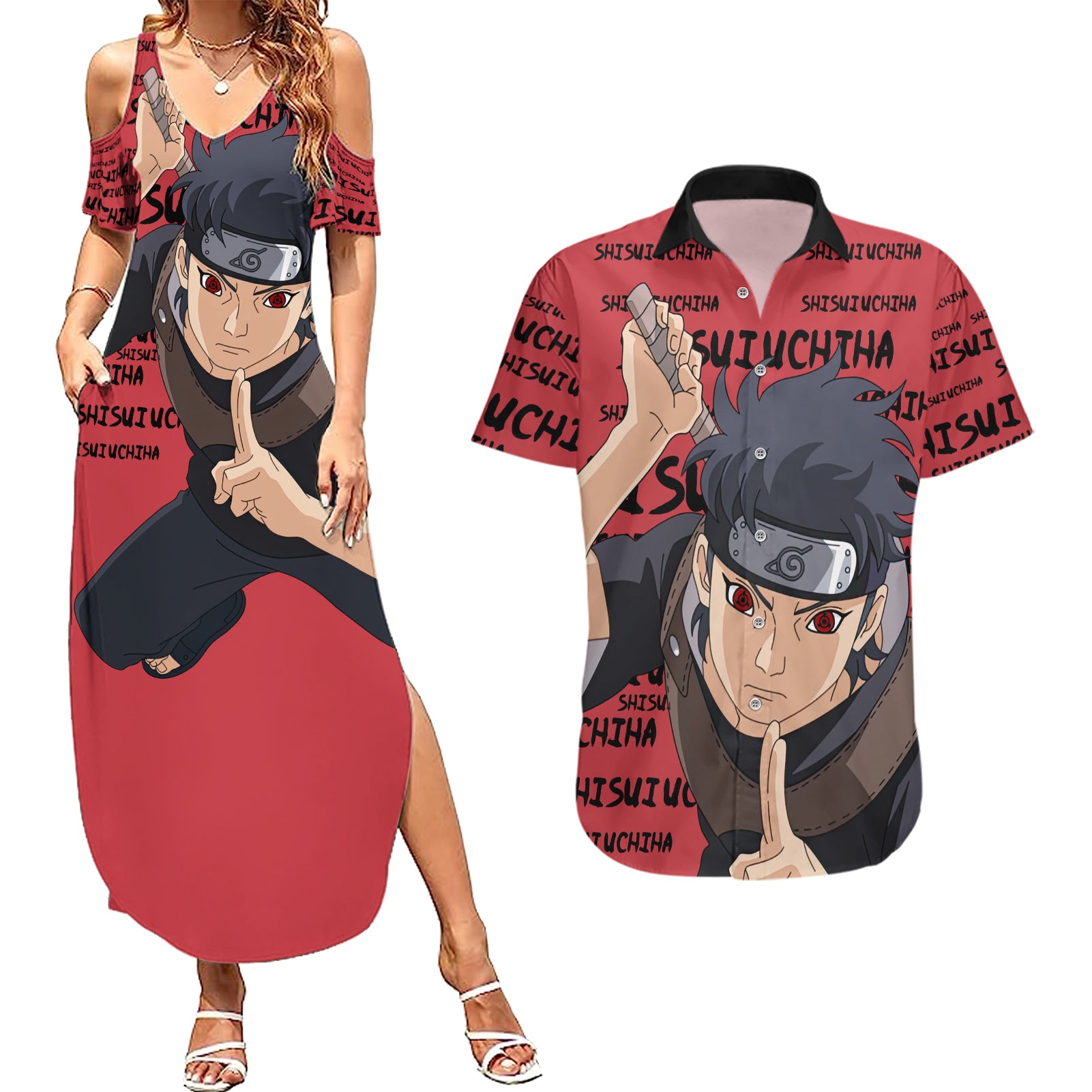 Shisui Uchiha - Style Manga Couples Matching Summer Maxi Dress and Hawaiian Shirt