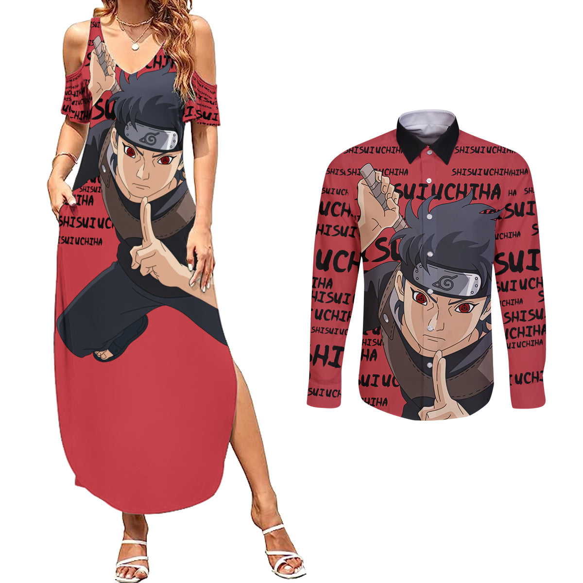 Shisui Uchiha - Style Manga Couples Matching Summer Maxi Dress and Long Sleeve Button Shirt