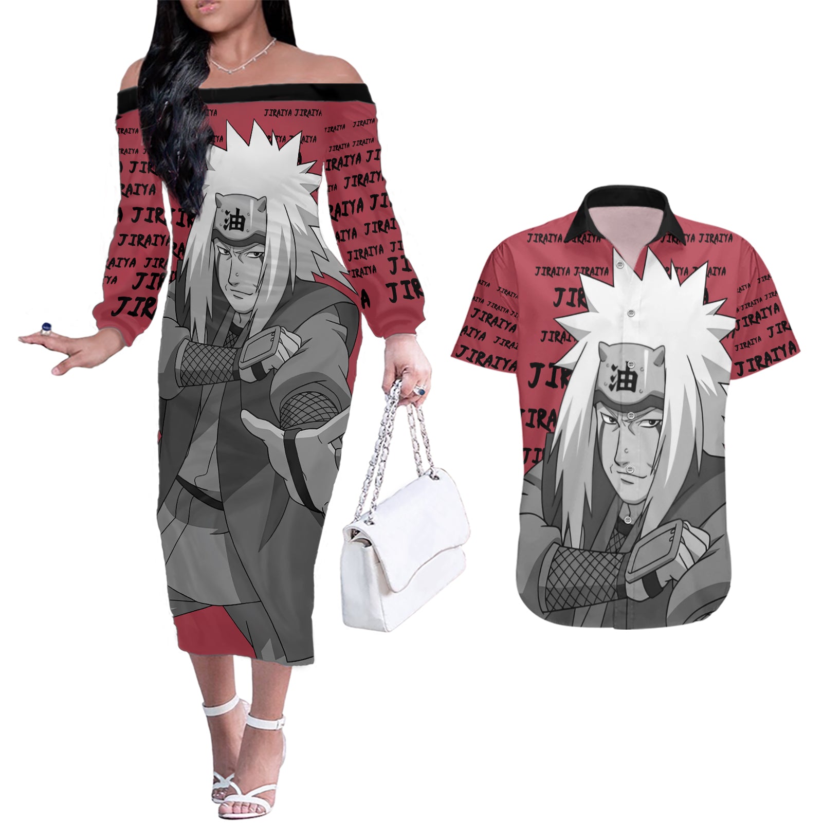 Jiraiya - Style Manga Couples Matching Off The Shoulder Long Sleeve Dress and Hawaiian Shirt