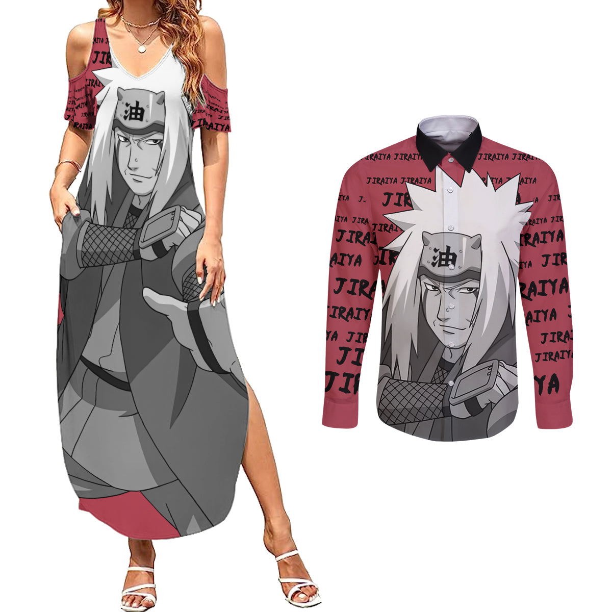 Jiraiya - Style Manga Couples Matching Summer Maxi Dress and Long Sleeve Button Shirt