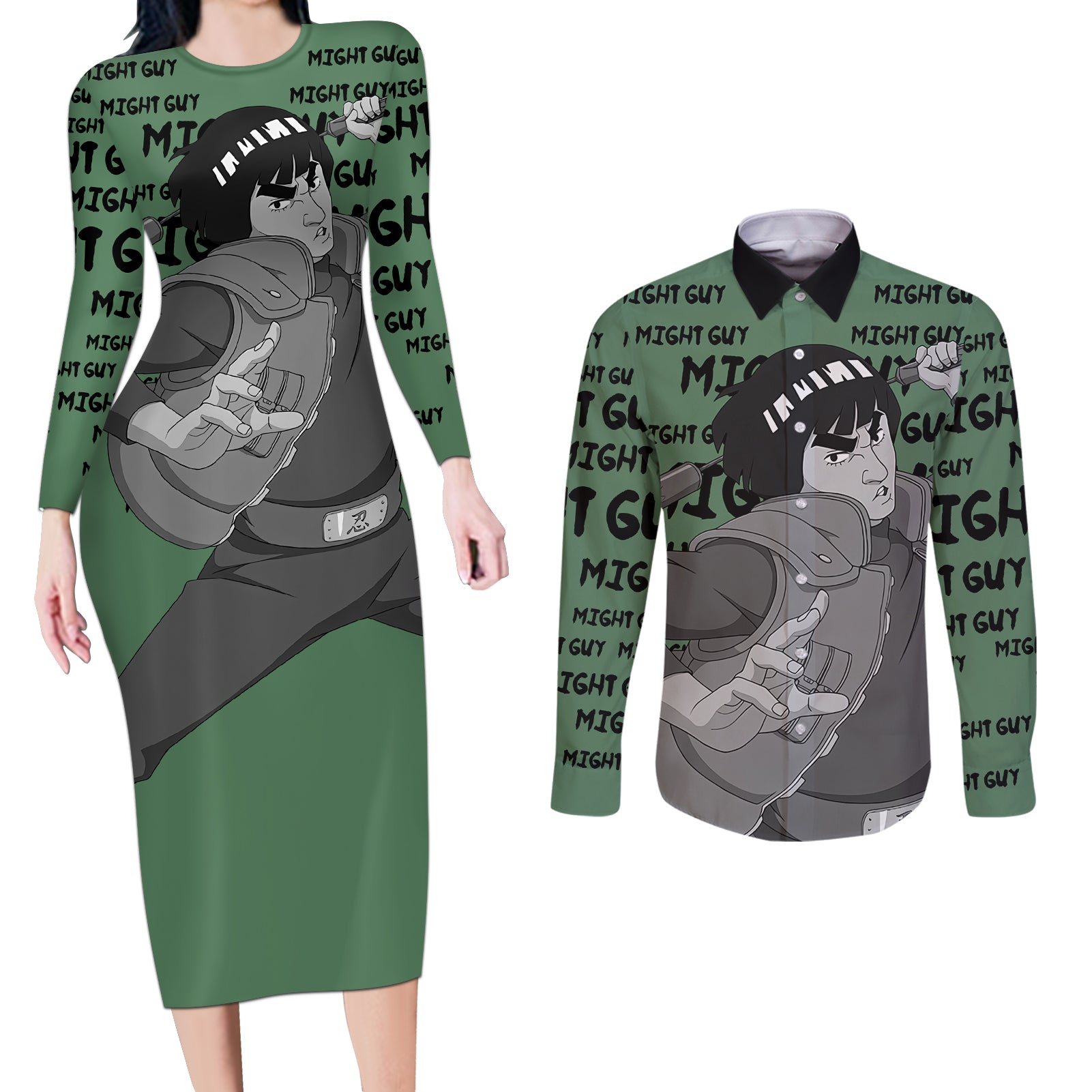 Might Guy - Style Manga Couples Matching Long Sleeve Bodycon Dress and Long Sleeve Button Shirt