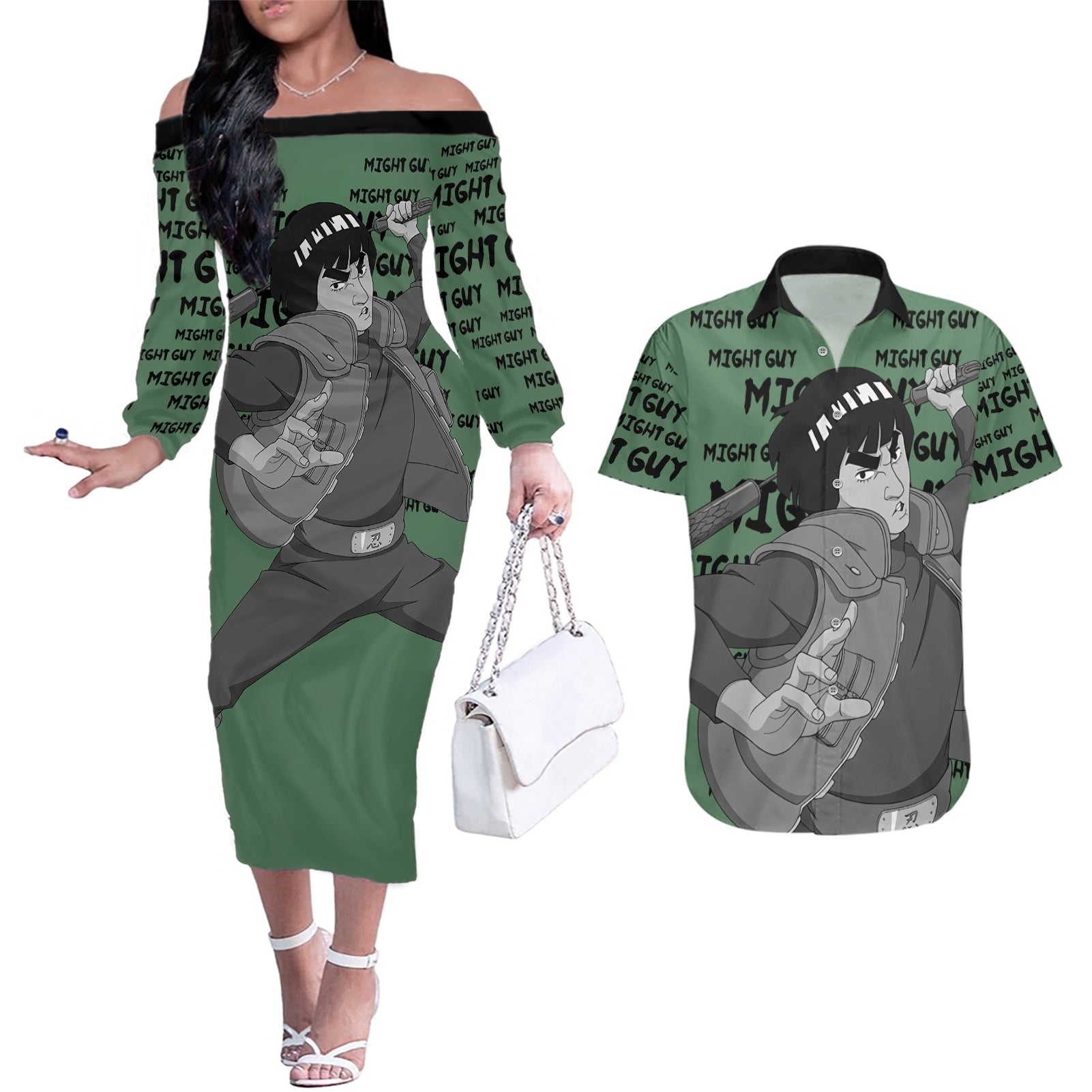 Might Guy - Style Manga Couples Matching Off The Shoulder Long Sleeve Dress and Hawaiian Shirt